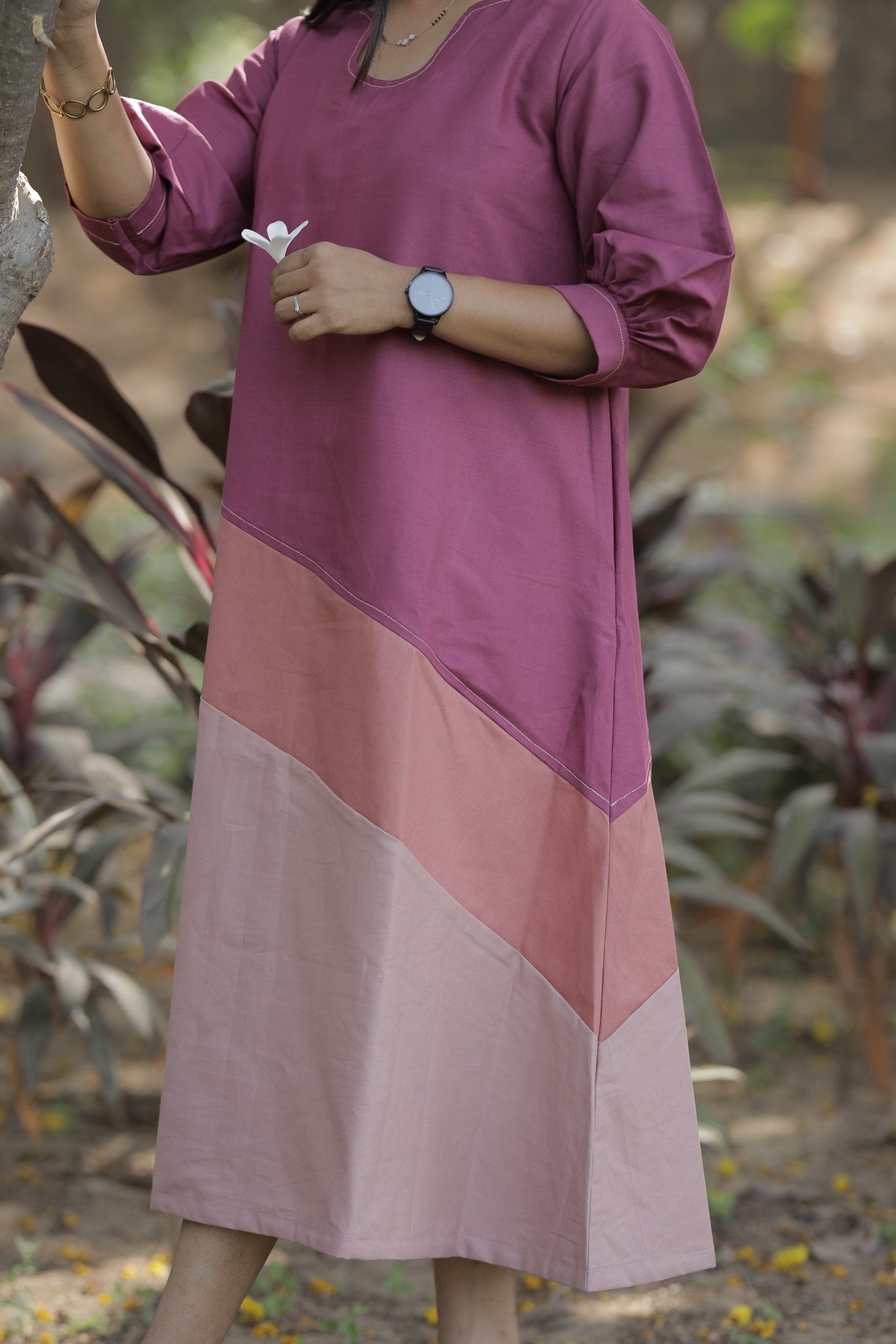 Sahej - Mauve & Blush Colorblock Cotton Dress