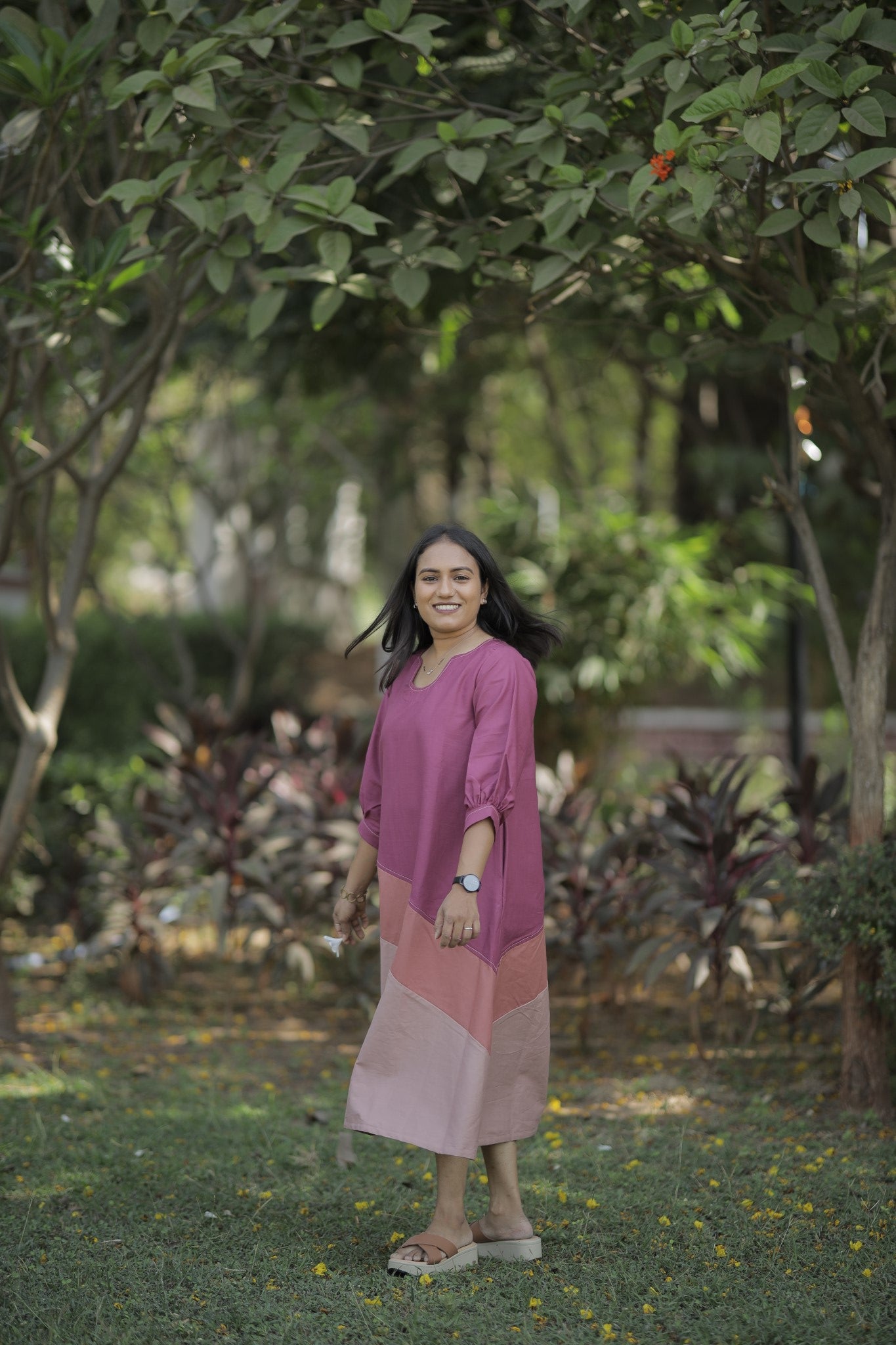 Sahej - Mauve & Blush Colorblock Cotton Dress