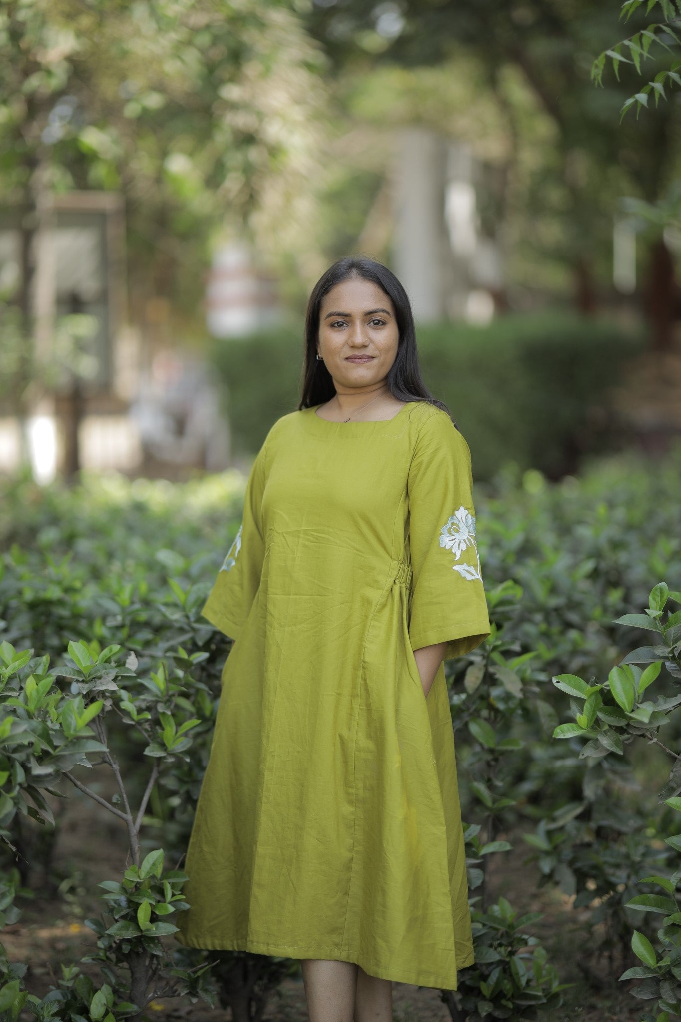 Aaruhi - Olive Embroidered Cotton Midi Dress