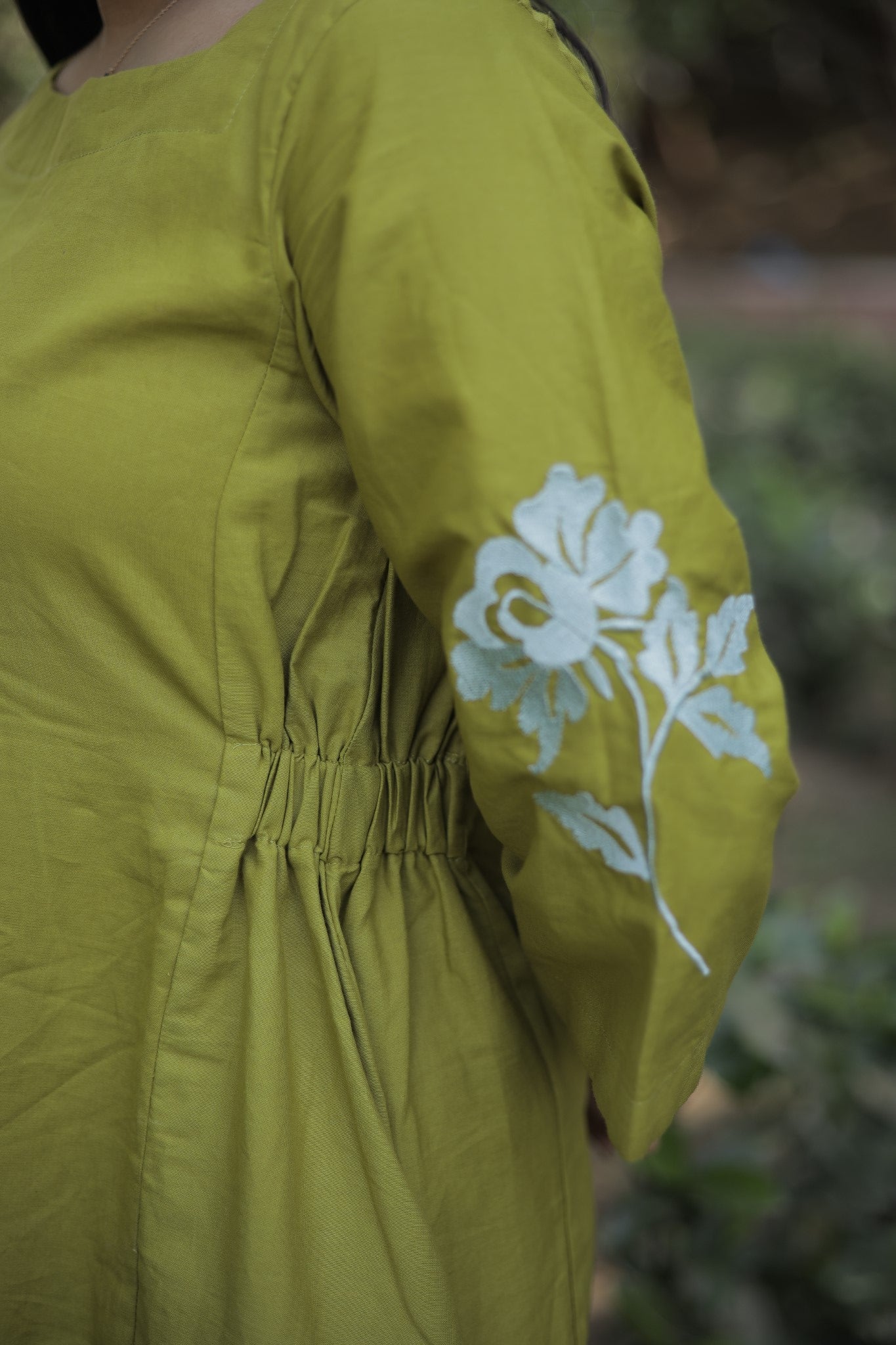 Aaruhi - Olive Embroidered Cotton Midi Dress