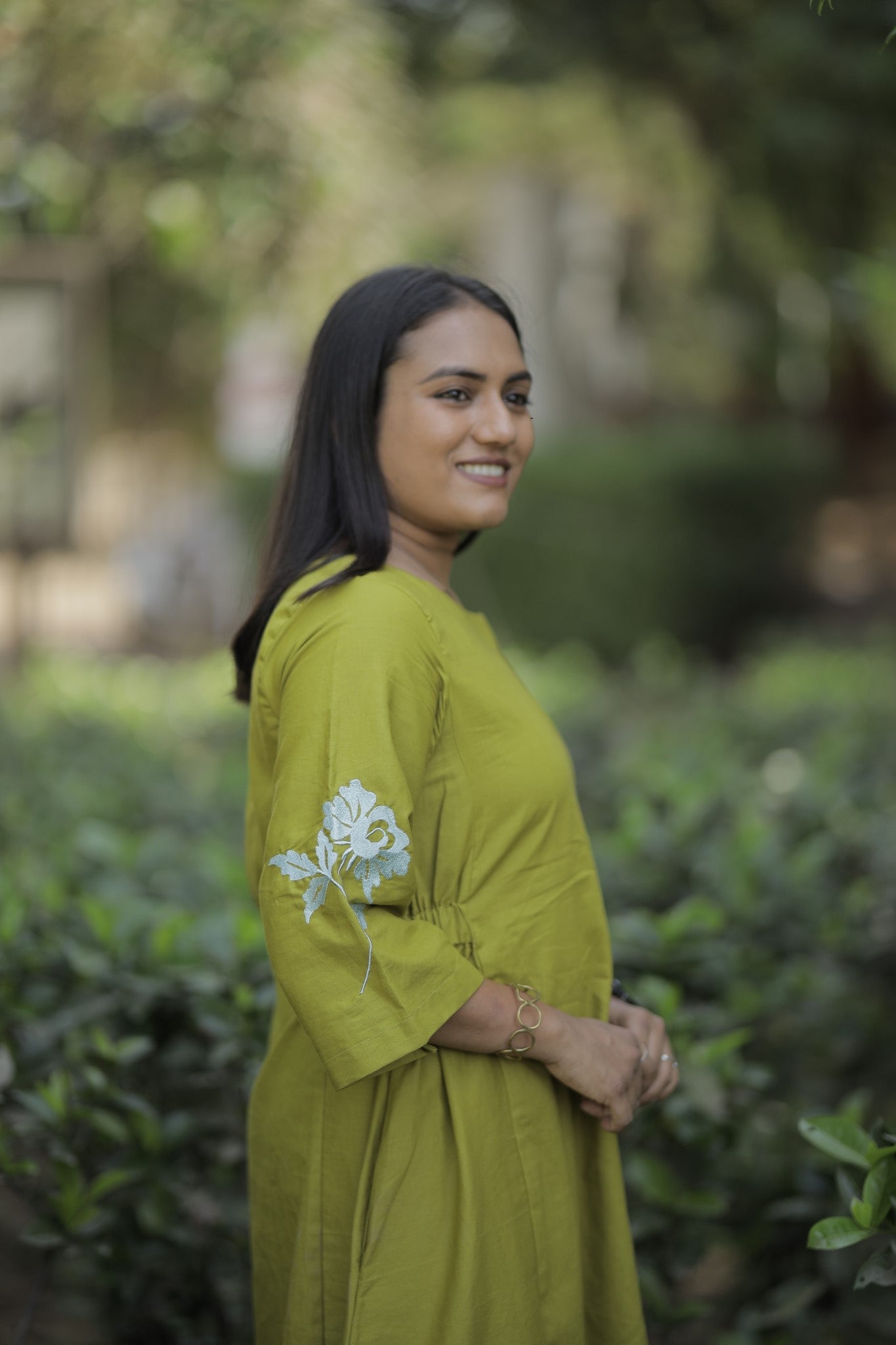 Aaruhi - Olive Embroidered Cotton Midi Dress