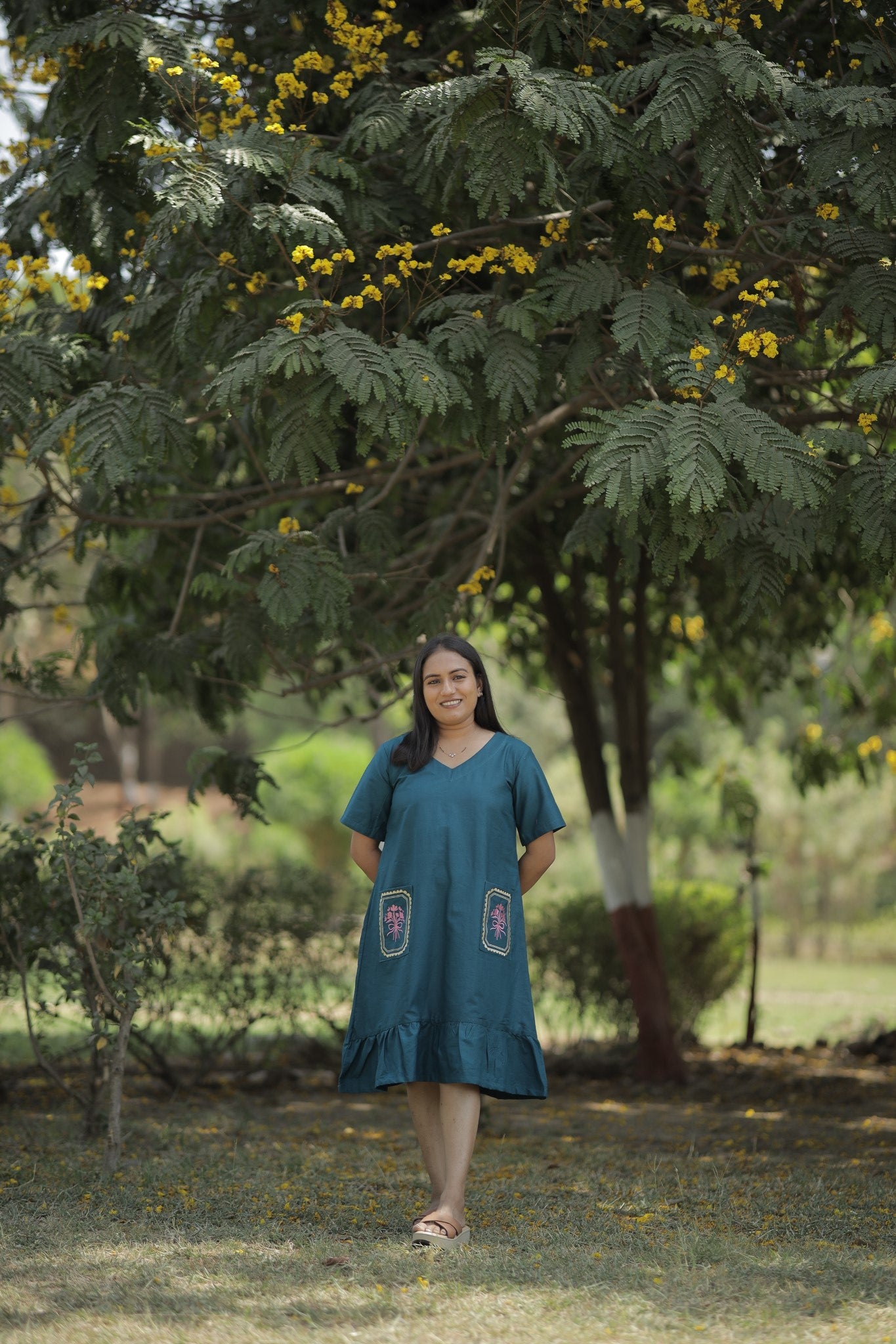 Varnika - Teal Pocket Embroidered Cotton Dress