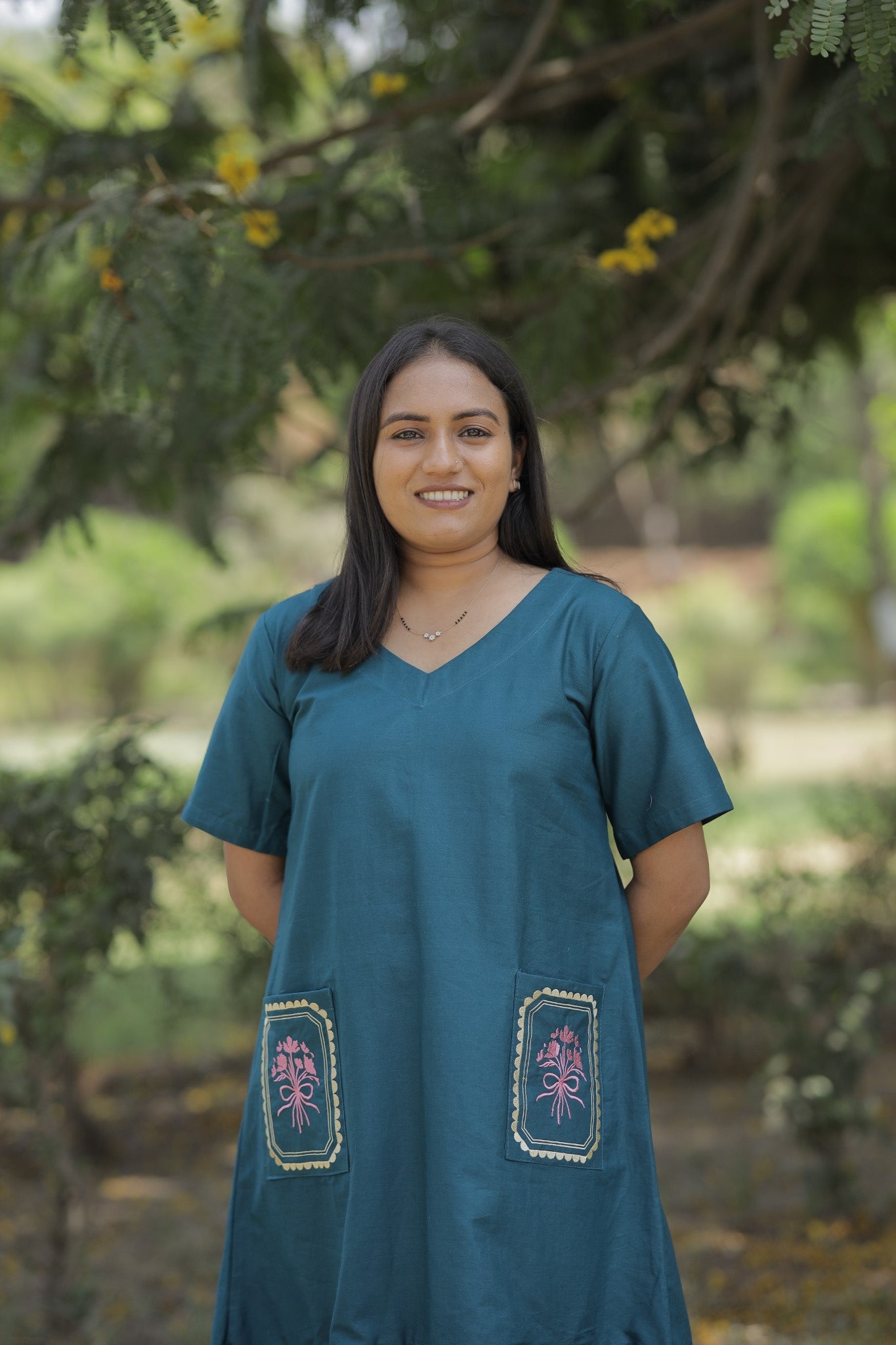 Varnika - Teal Pocket Embroidered Cotton Dress