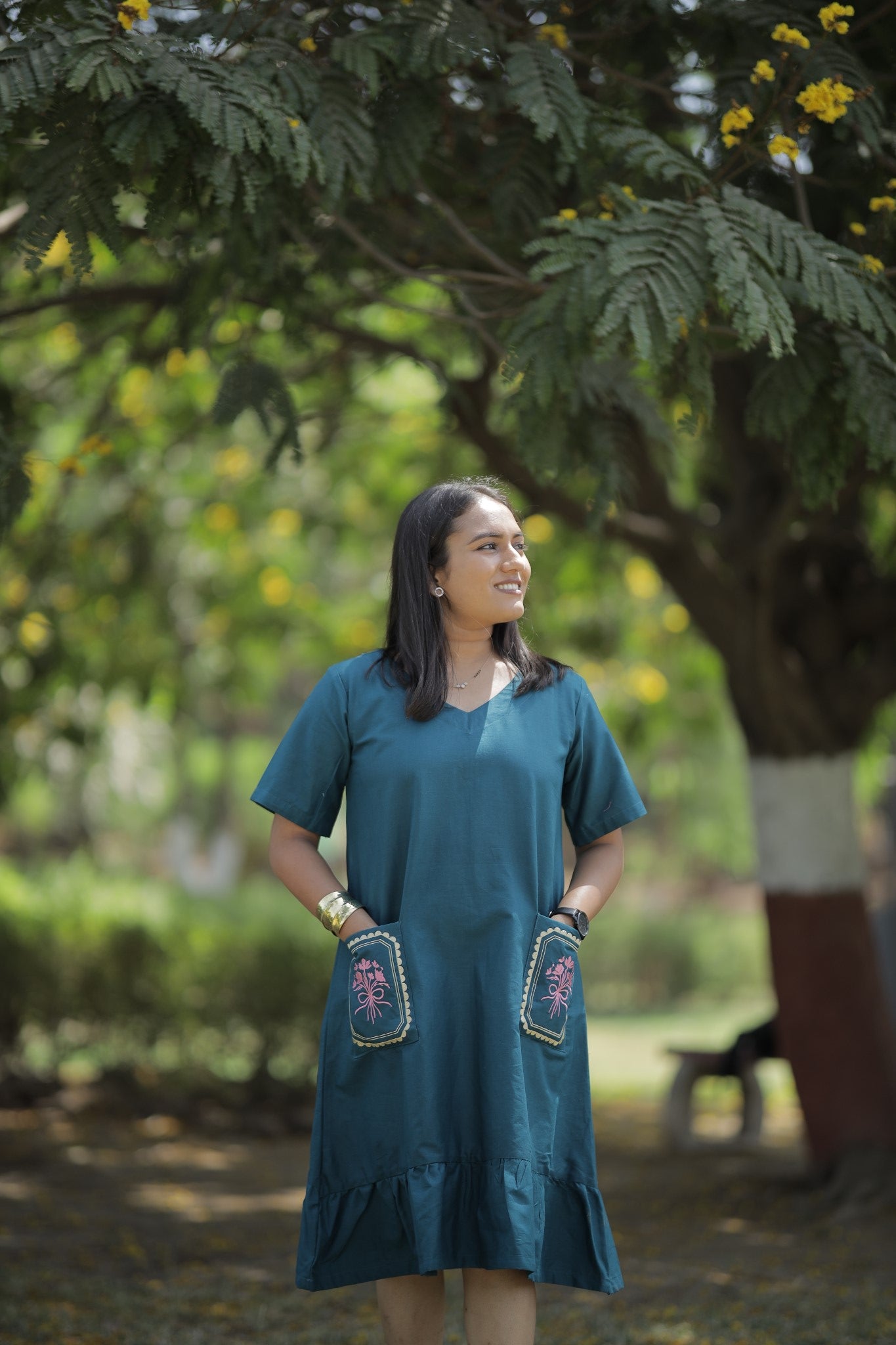 Varnika - Teal Pocket Embroidered Cotton Dress