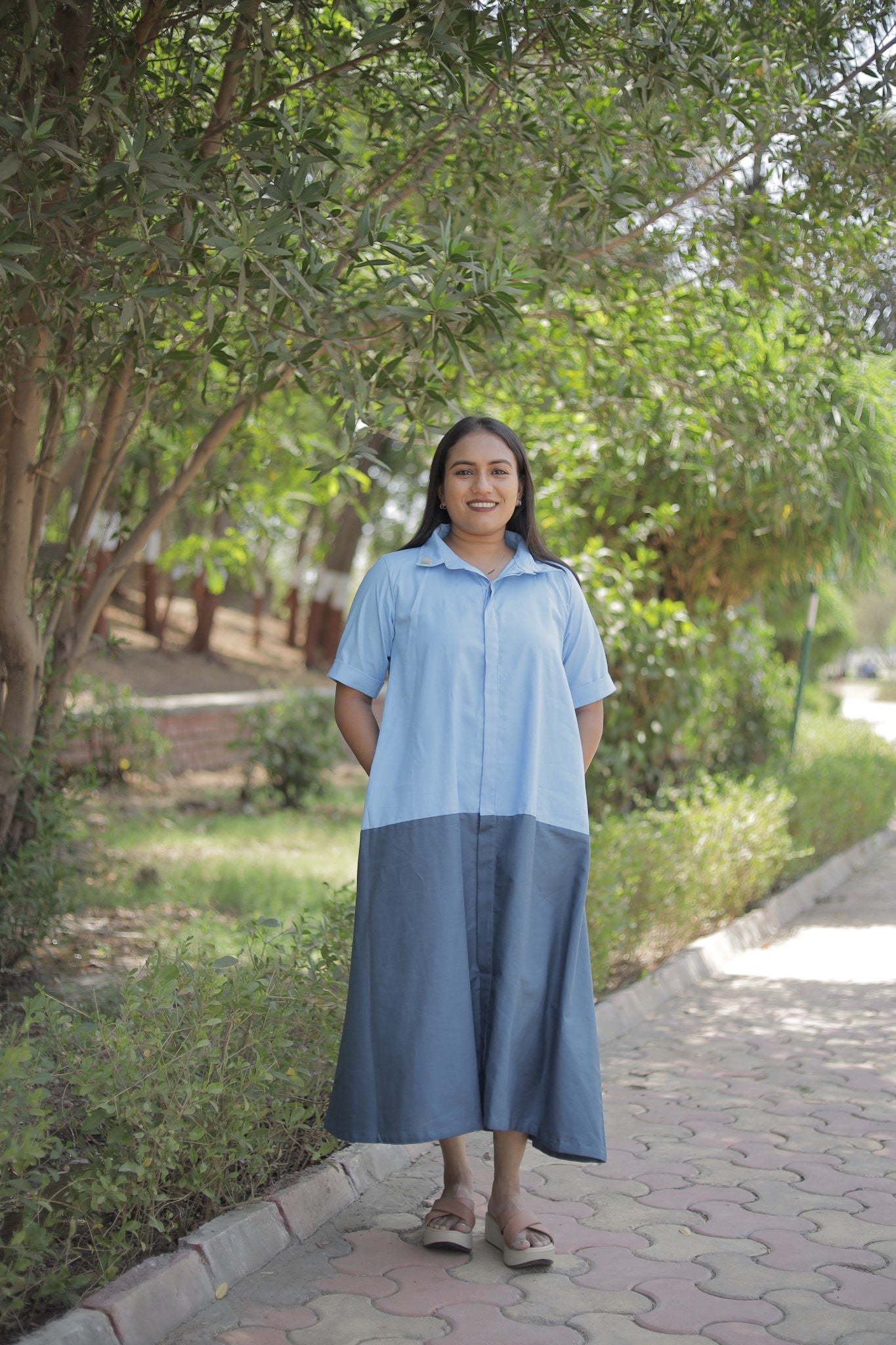 Saumya - Blue Cotton Colorblock Shirt Dress