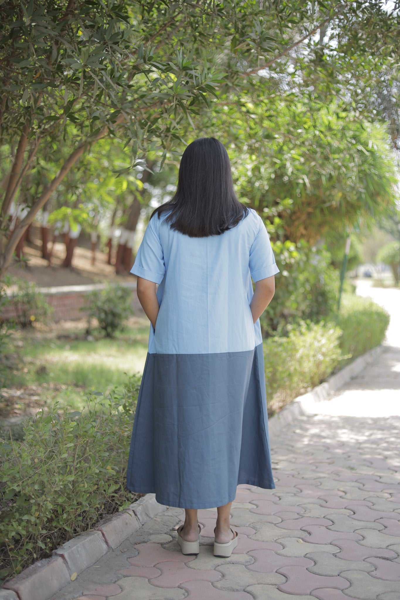 Saumya - Blue Cotton Colorblock Shirt Dress
