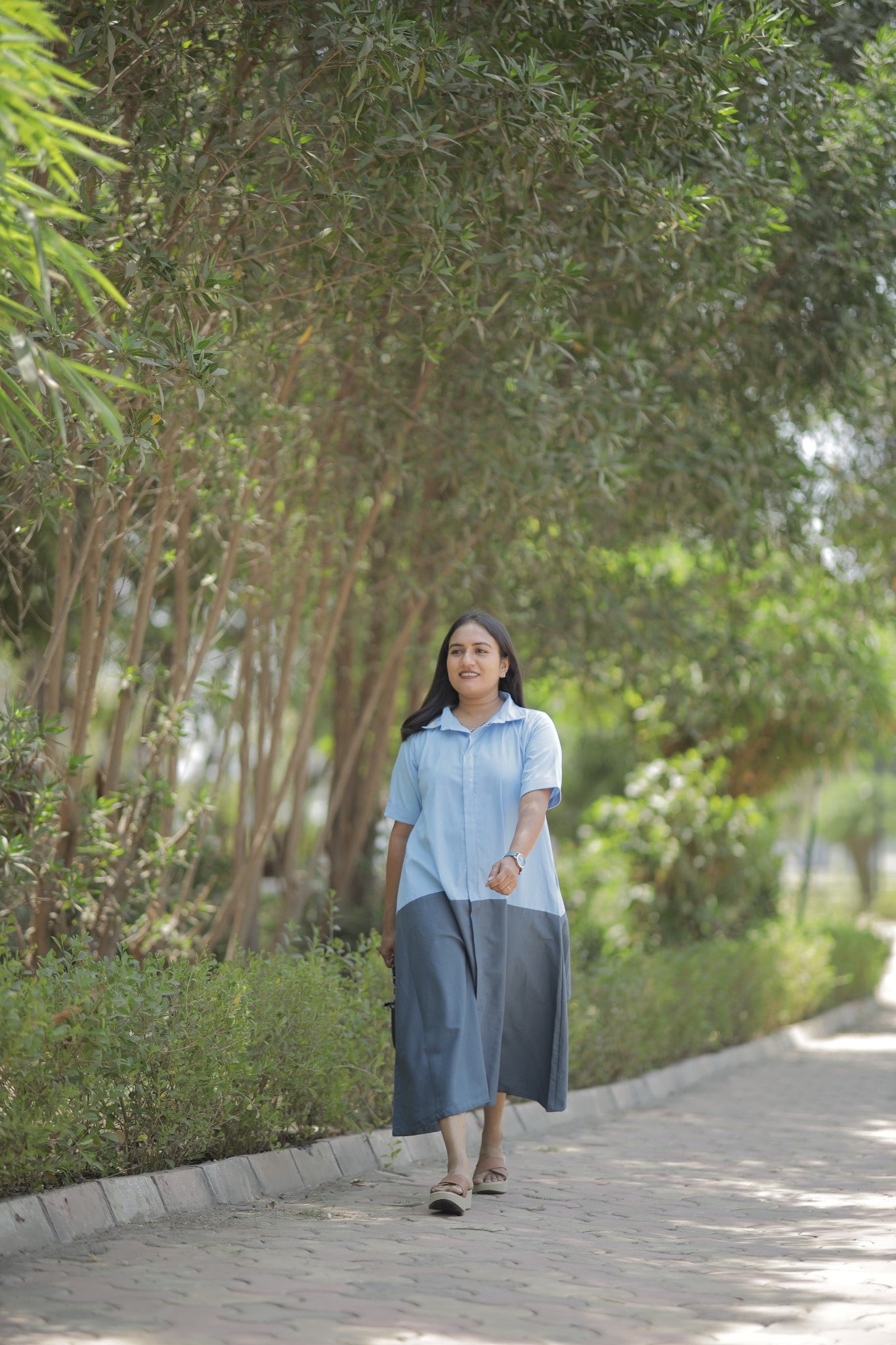 Saumya - Blue Cotton Colorblock Shirt Dress