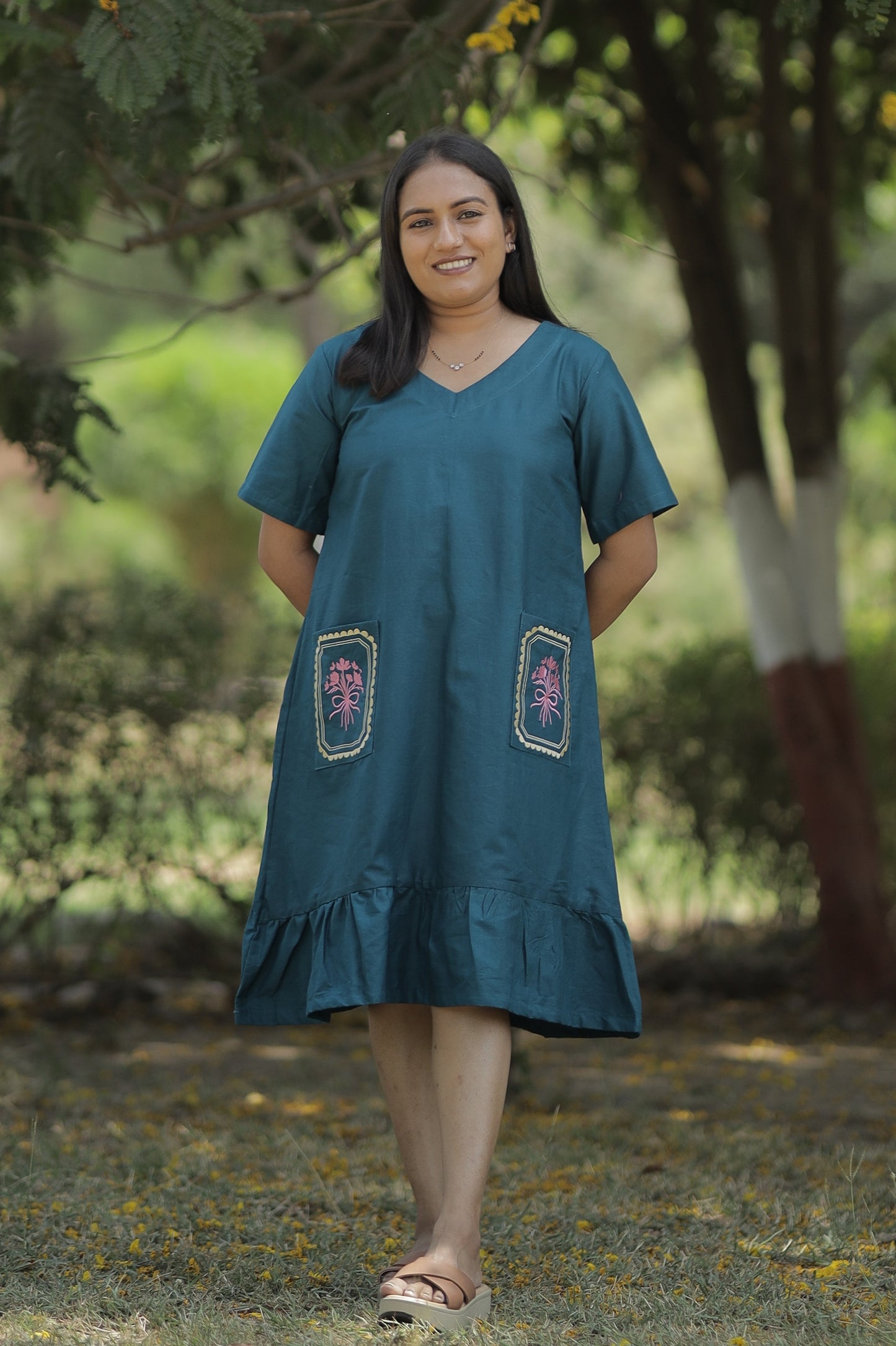 Varnika - Teal Pocket Embroidered Cotton Dress