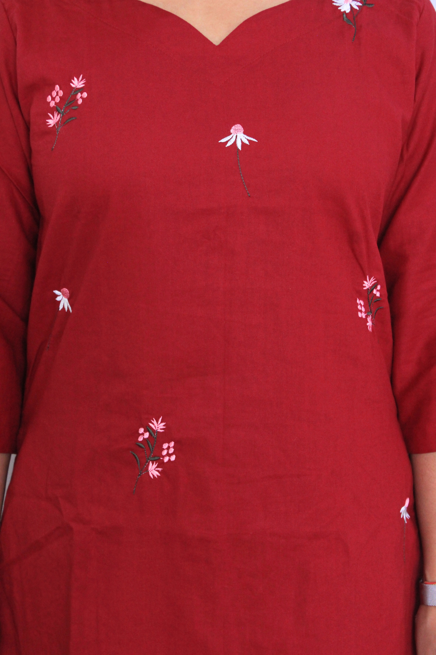 Maroon Embroidered Poplin Cotton Solid Co-ord Set