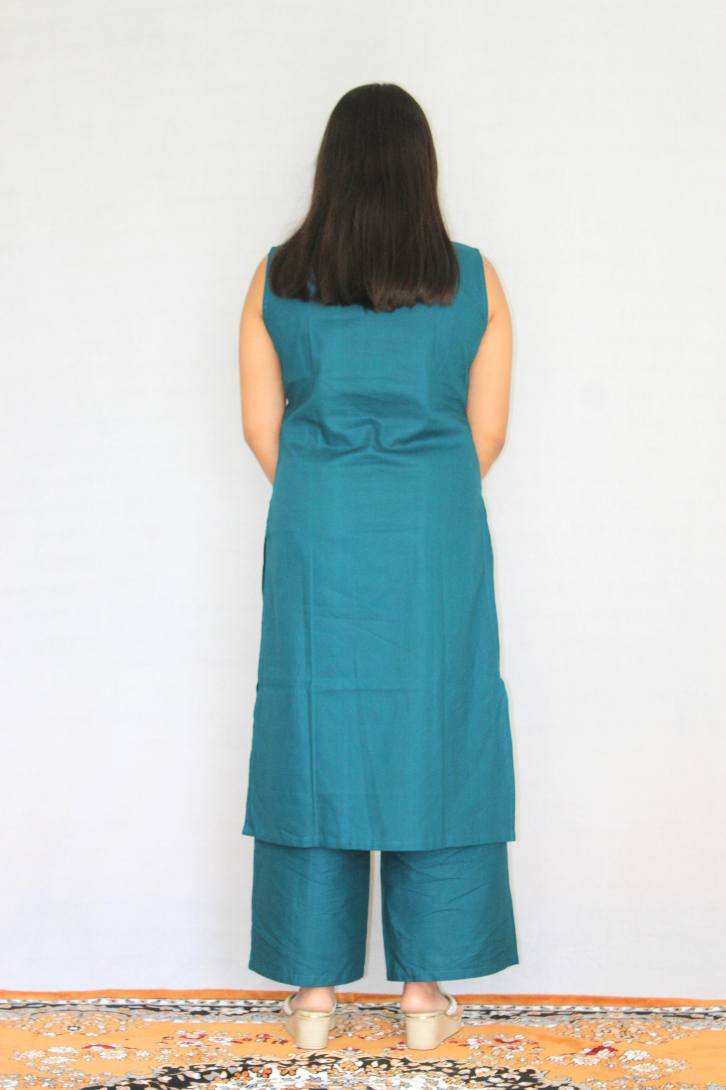 Teal Blue Poplin Cotton Solid Embroidered Co-ord Set