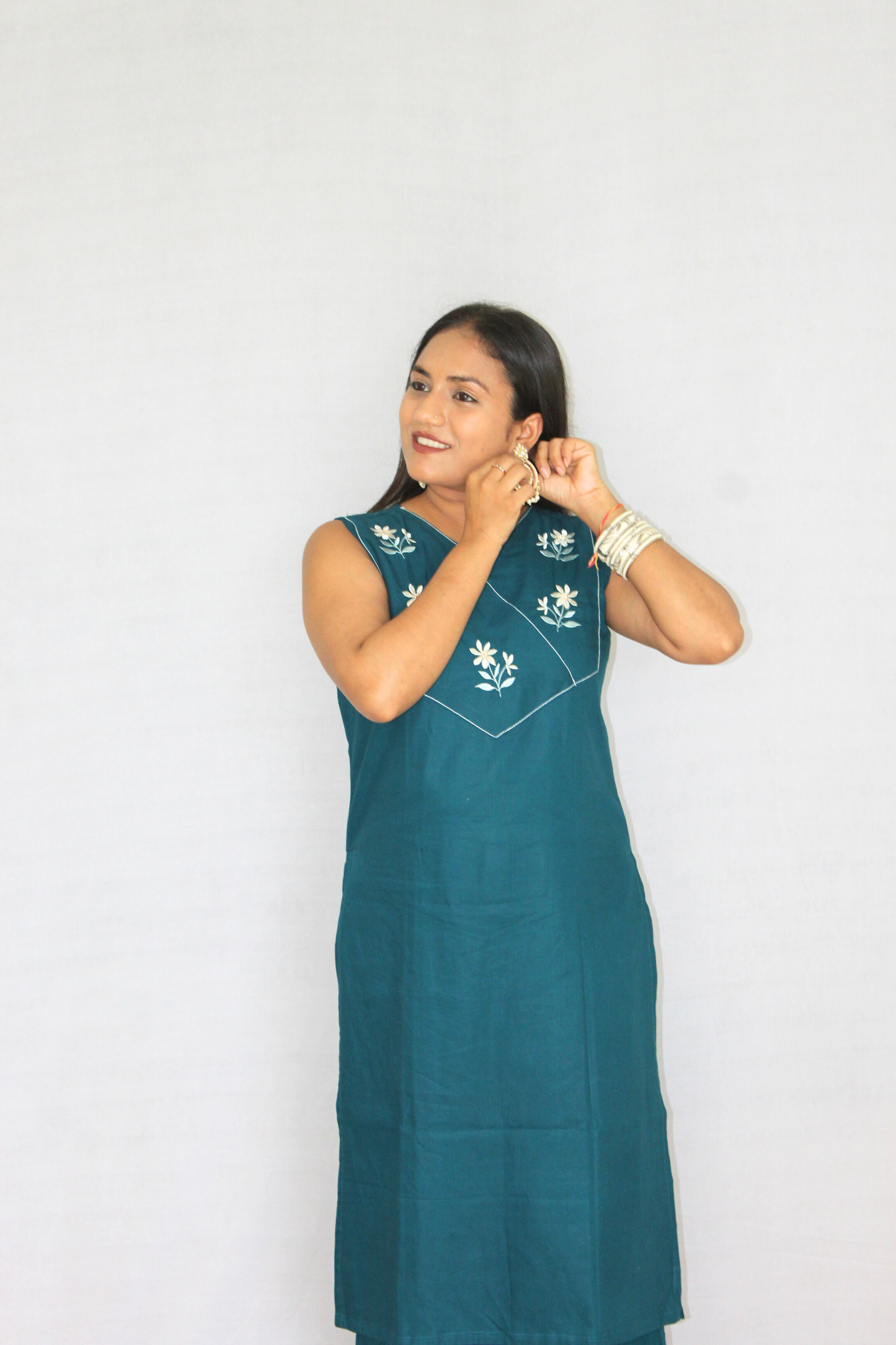 Teal Blue Poplin Cotton Solid Embroidered Co-ord Set
