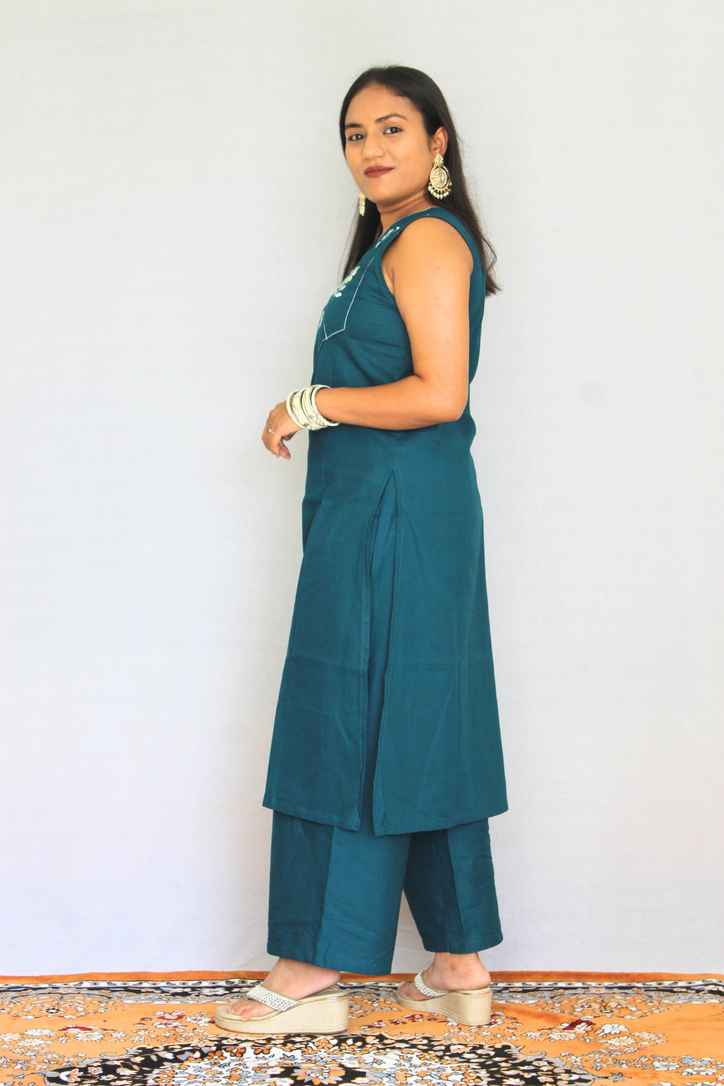 Teal Blue Poplin Cotton Solid Embroidered Co-ord Set
