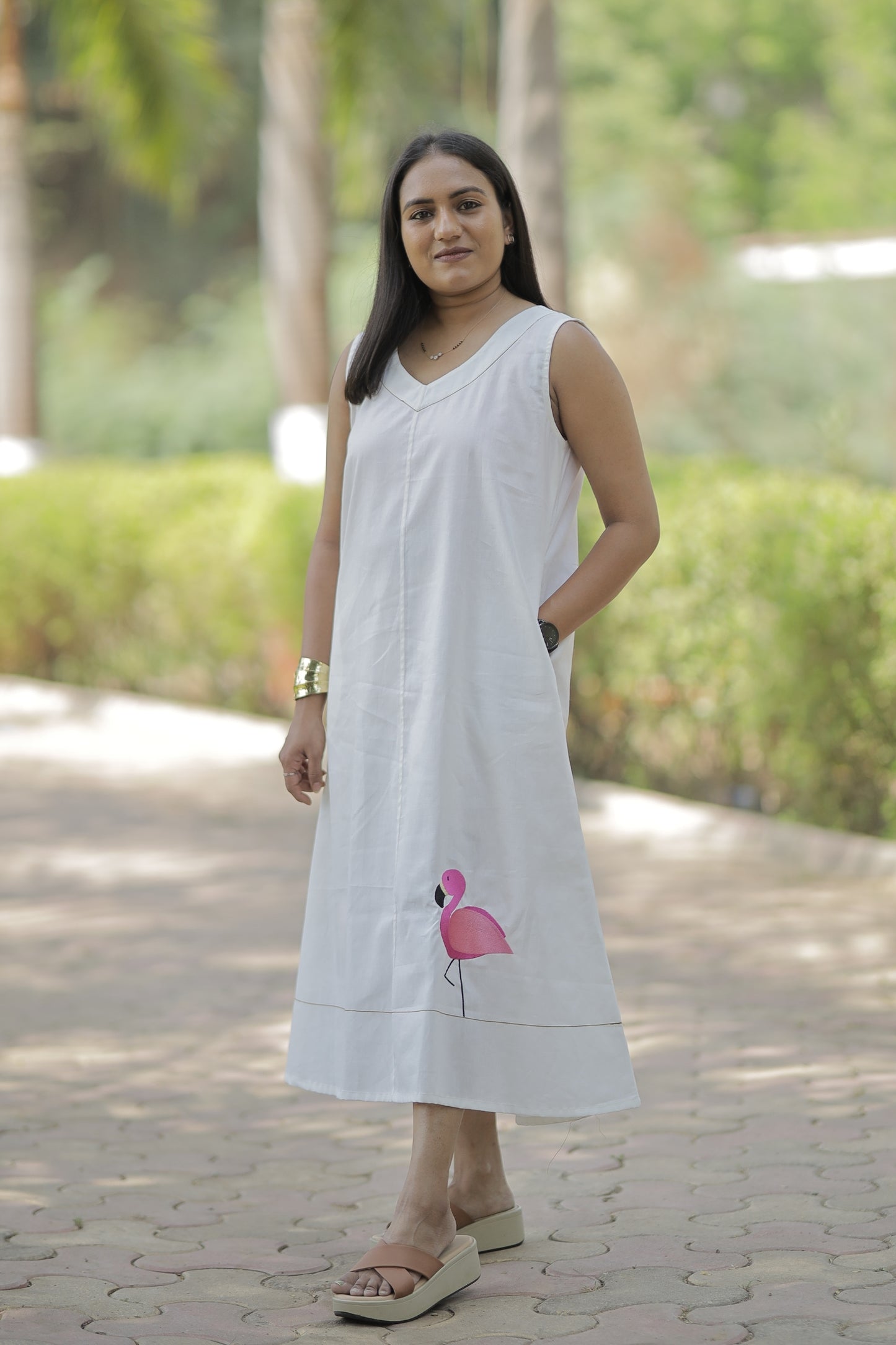Apsara - Minimal Flamingo White Summer Dress