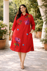 Red Floral artwork Cotton Shirt Dress
