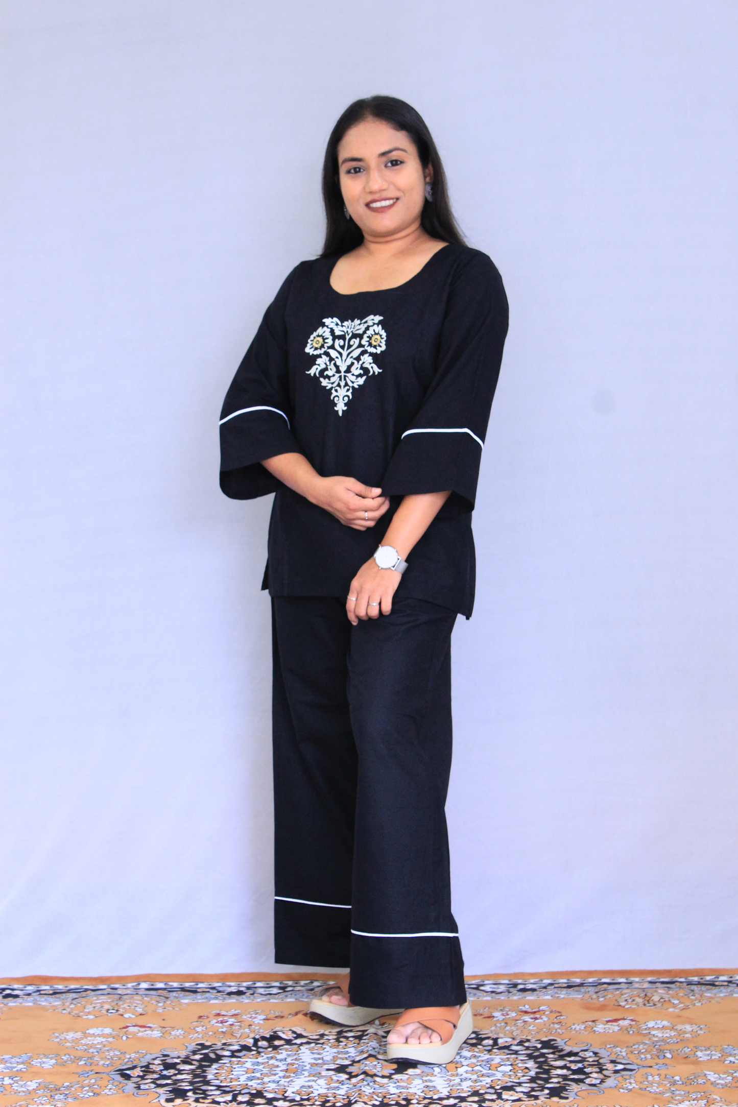 Black Embroidered Poplin Cotton Solid Co-ord Set