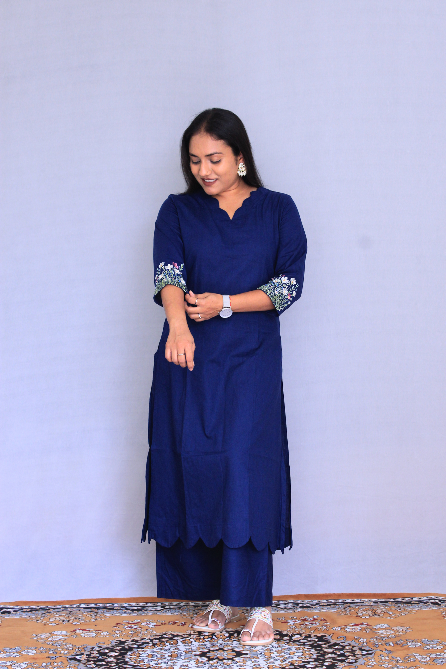 Blue Embroidered Cotton Solid Co-ord Set