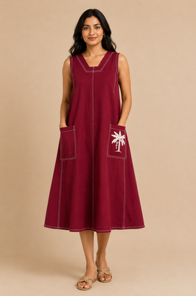 Maroon Palm Embroidered Cotton Dress