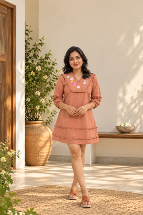 Light Brown Embroidered Ruffle Cotton Dress