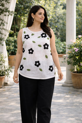 White Floral Cotton Linen Top