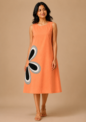 Noor – Tangerine Floral Appliqué Cotton Dress
