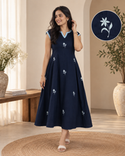 💙 Midnight Bloom Pure Cotton Midi Dress