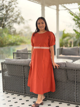 Burnt orange pure cotton dress with belt embroidered