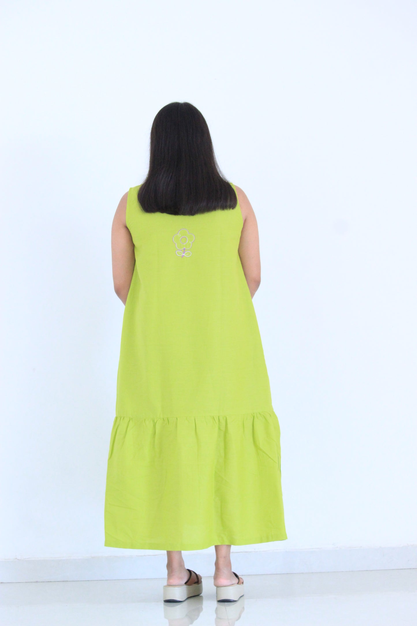 Myra – Lime Green Floral Embroidered Cotton Dress