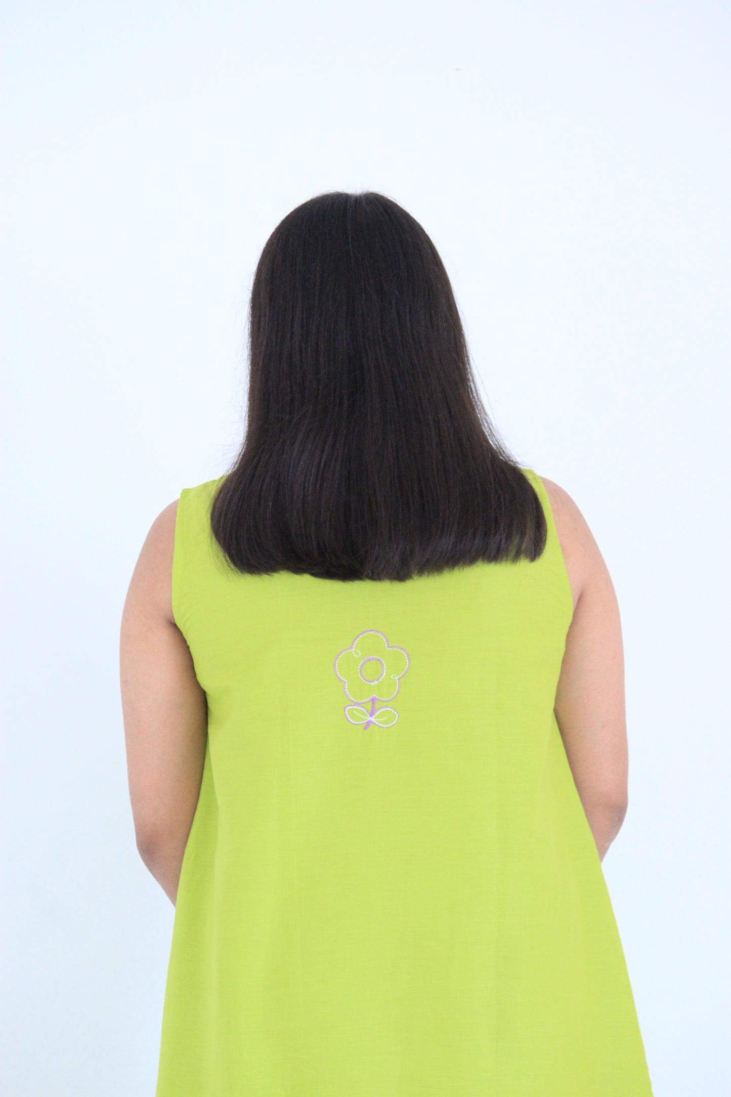Myra – Lime Green Floral Embroidered Cotton Dress