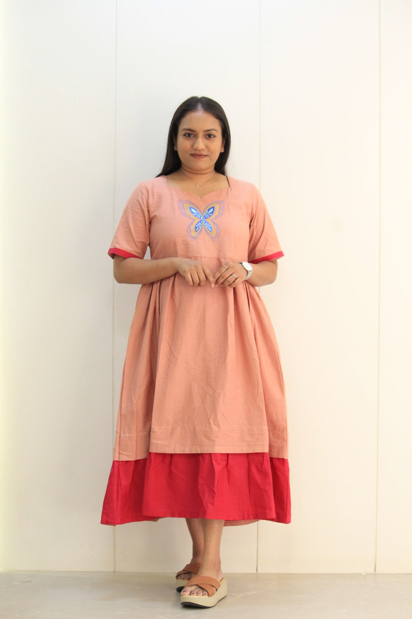 Titli – Peach Blush & Rani Pink Butterfly Cotton Dress