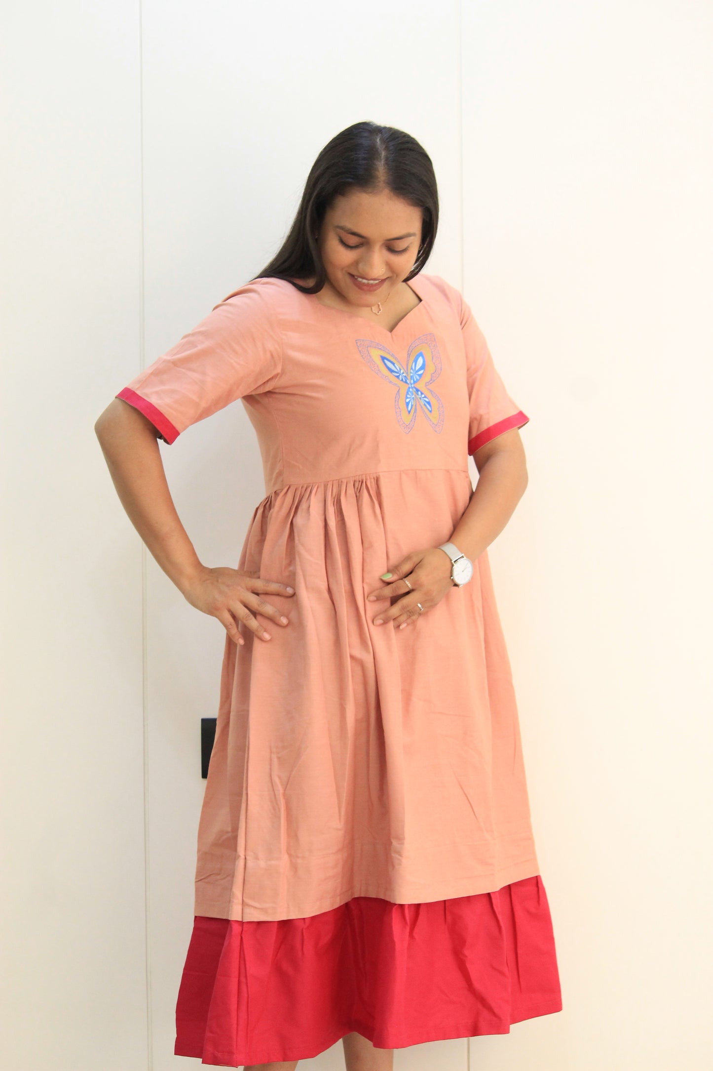 Titli – Peach Blush & Rani Pink Butterfly Cotton Dress