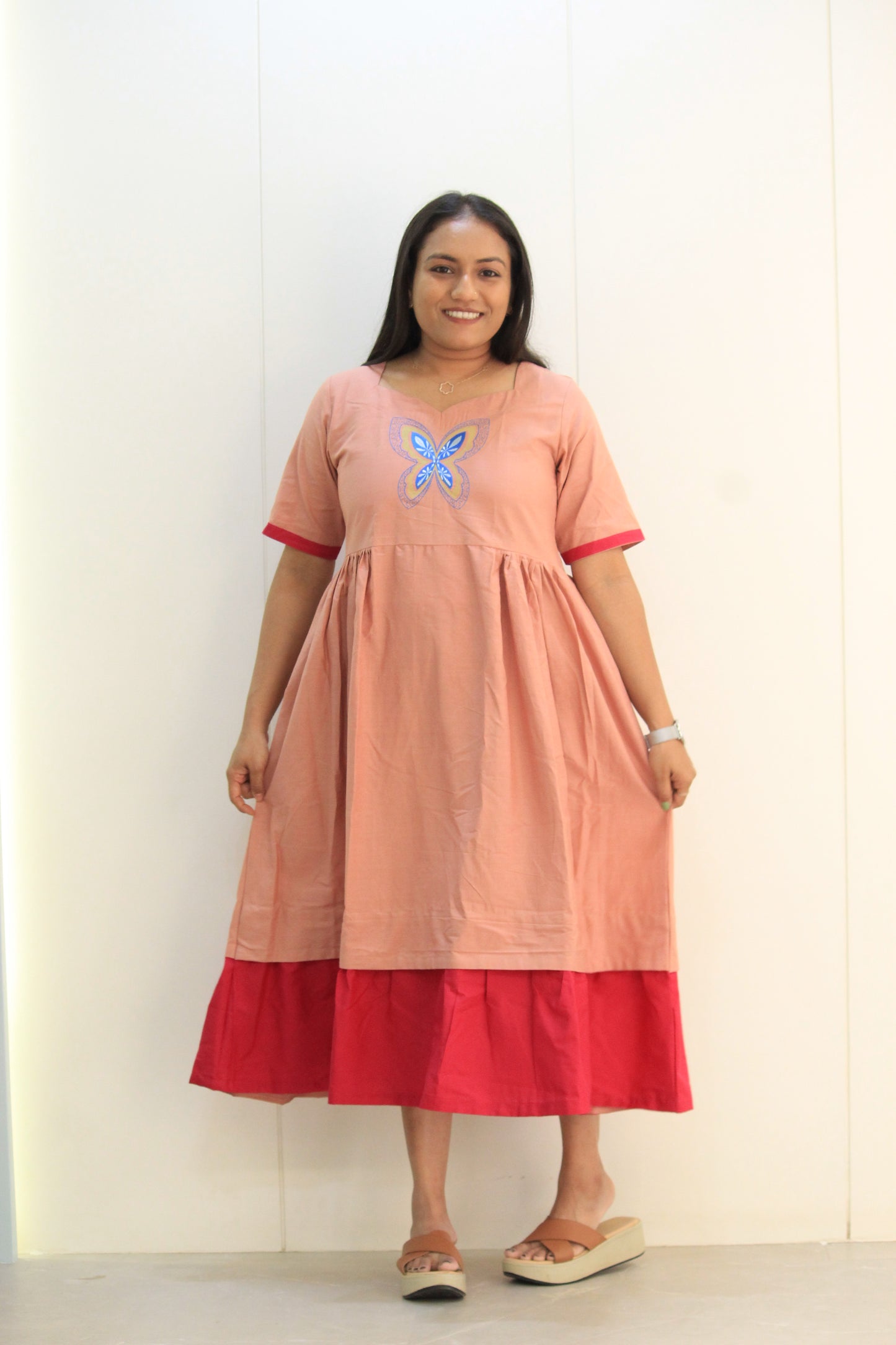 Titli – Peach Blush & Rani Pink Butterfly Cotton Dress