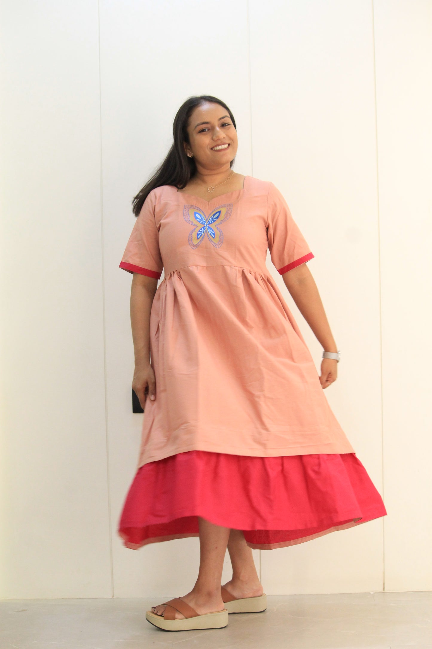 Titli – Peach Blush & Rani Pink Butterfly Cotton Dress