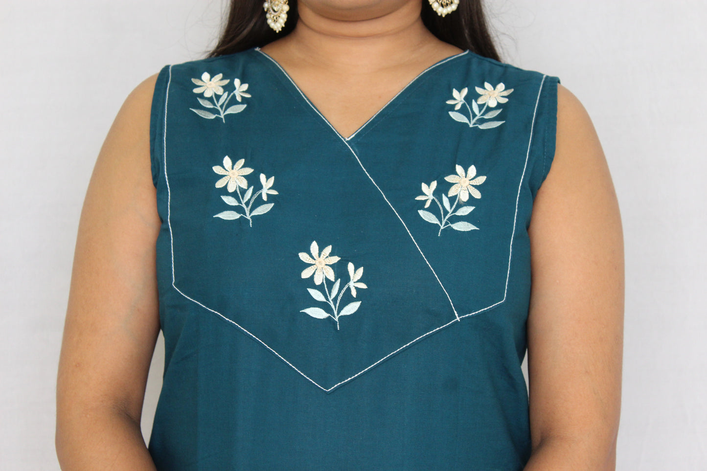Teal Blue Poplin Cotton Solid Embroidered Co-ord Set