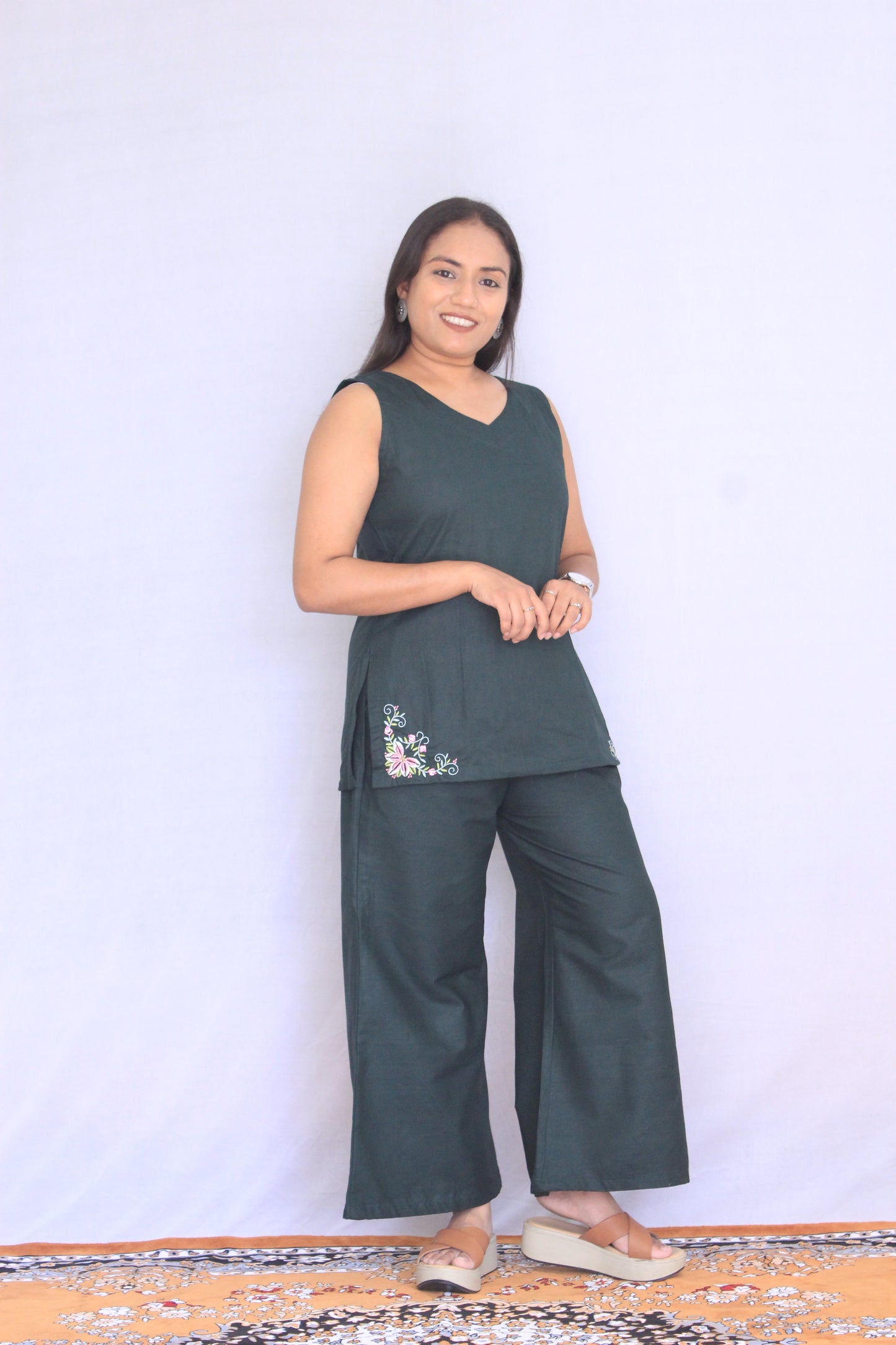 Dark Green Poplin Cotton Solid Embroidered Co-ord Set
