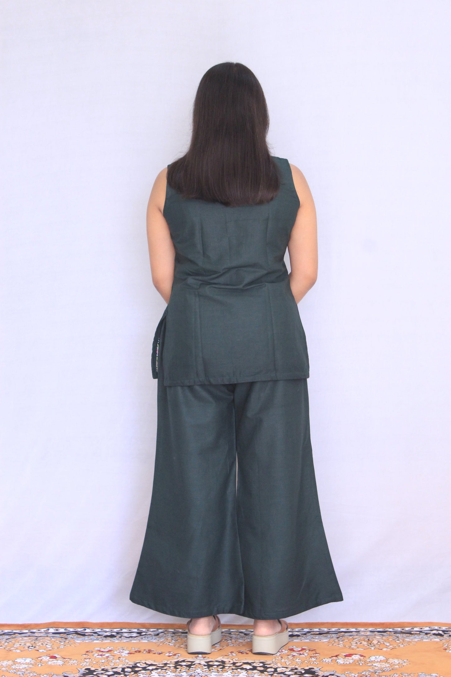 Dark Green Poplin Cotton Solid Embroidered Co-ord Set