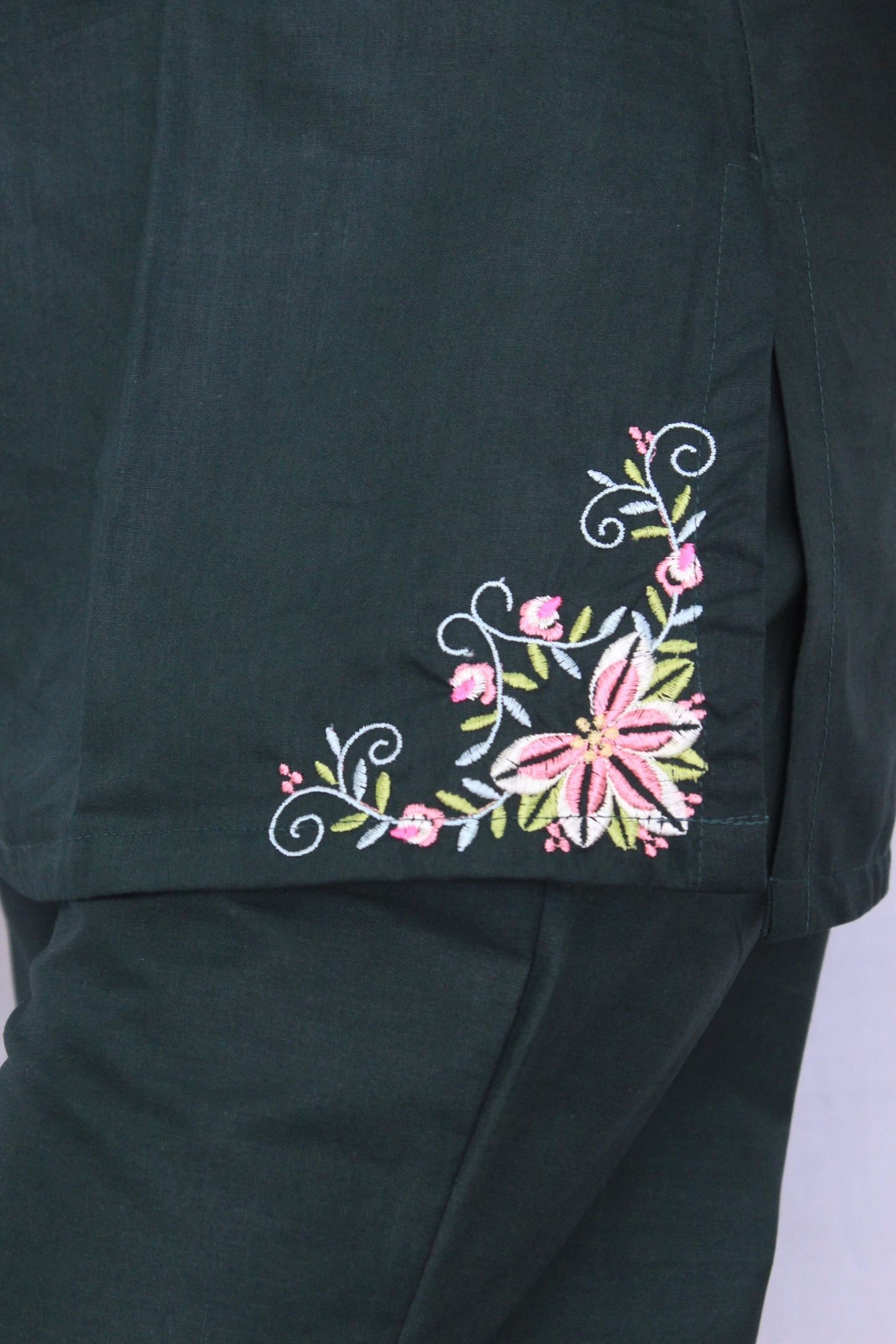 Dark Green Poplin Cotton Solid Embroidered Co-ord Set