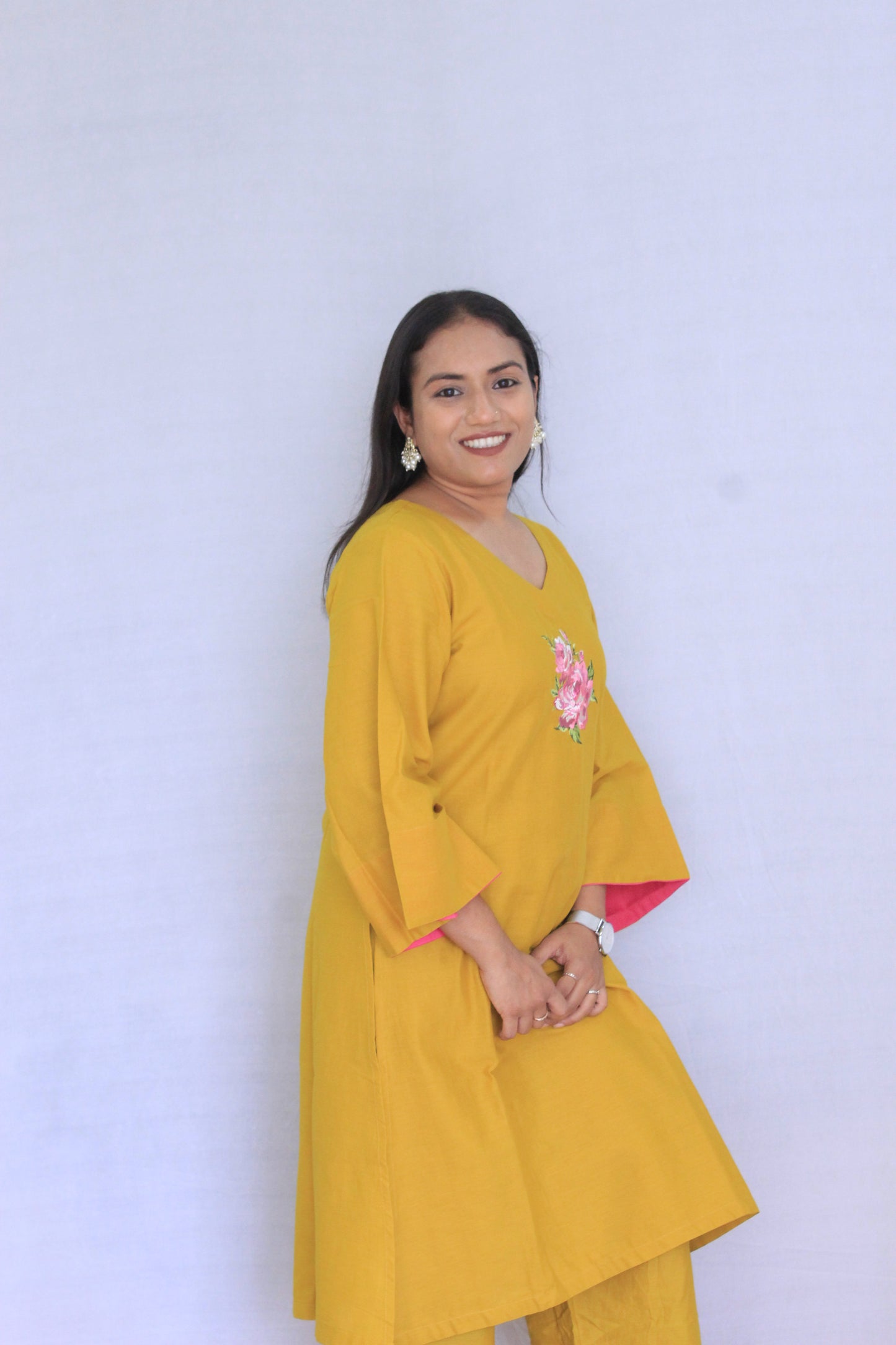 Mustard Yellow Cotton Linen Solid Flower Embroidered Co-ord Set