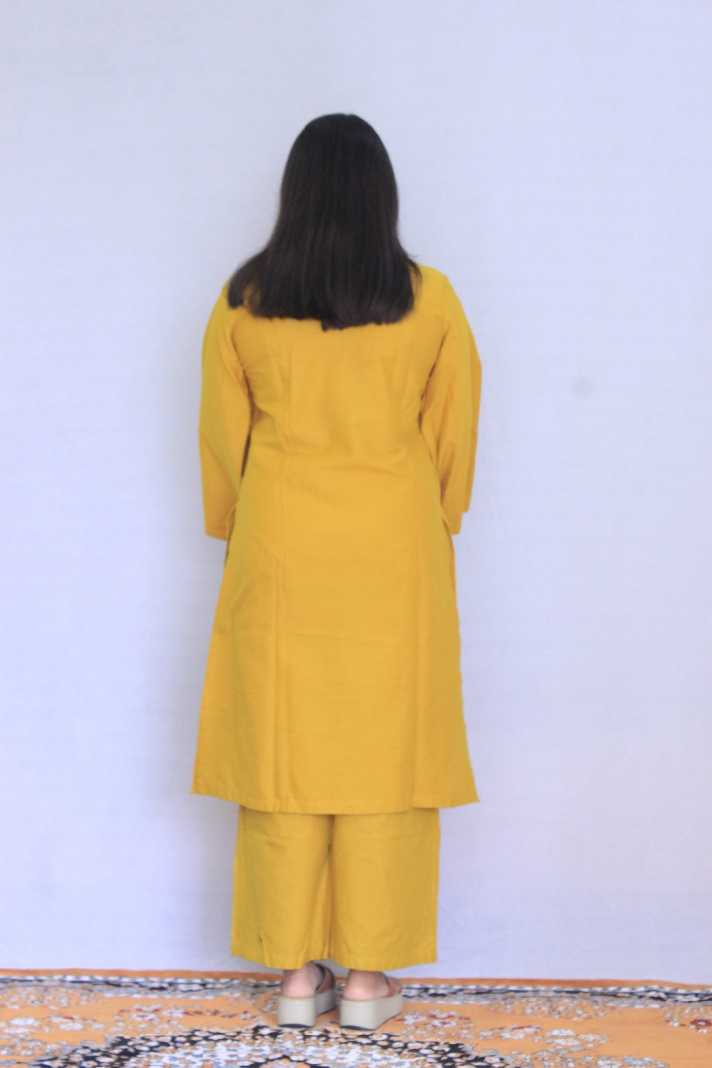 Mustard Yellow Cotton Linen Solid Flower Embroidered Co-ord Set