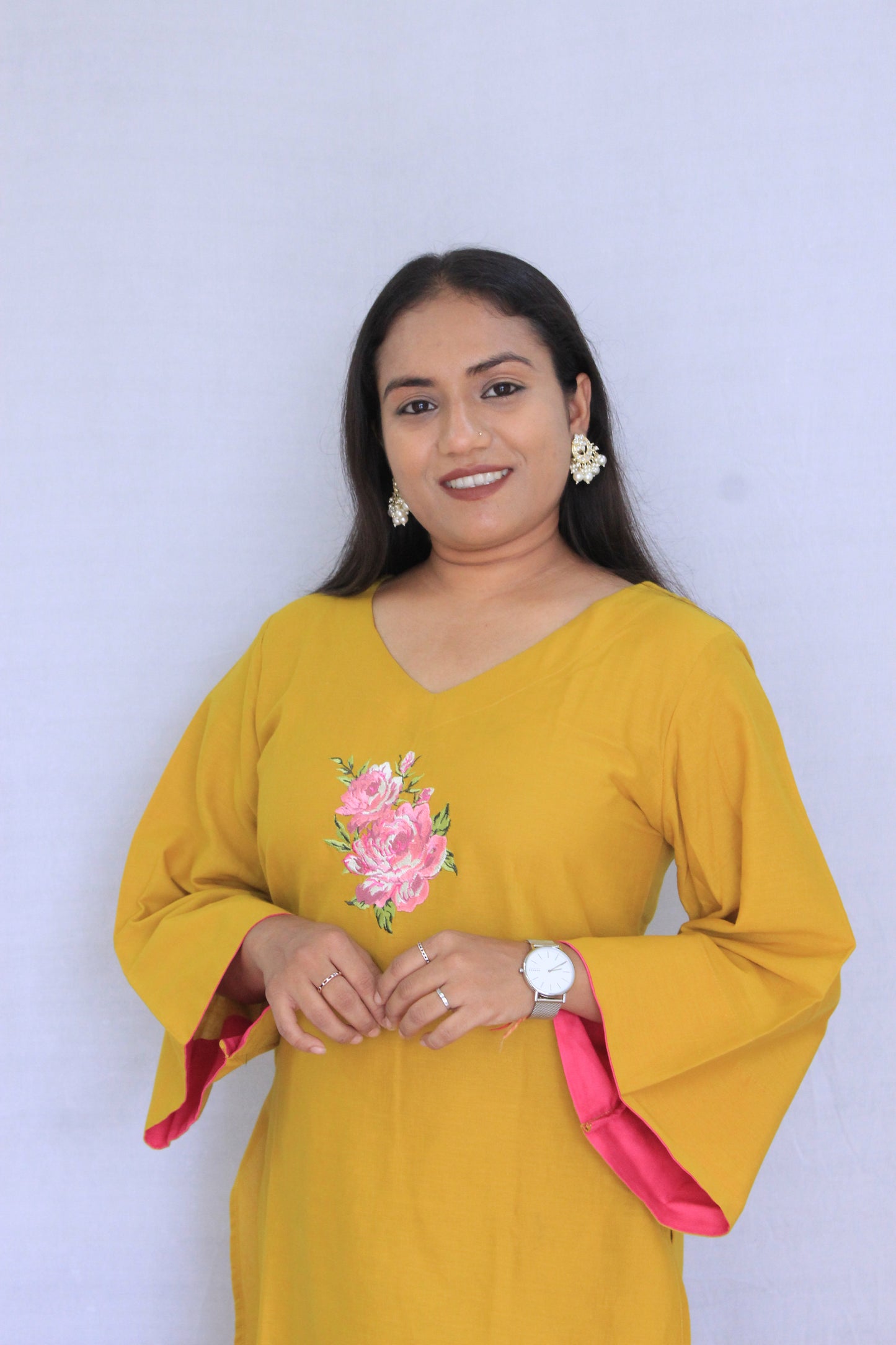 Mustard Yellow Cotton Linen Solid Flower Embroidered Co-ord Set