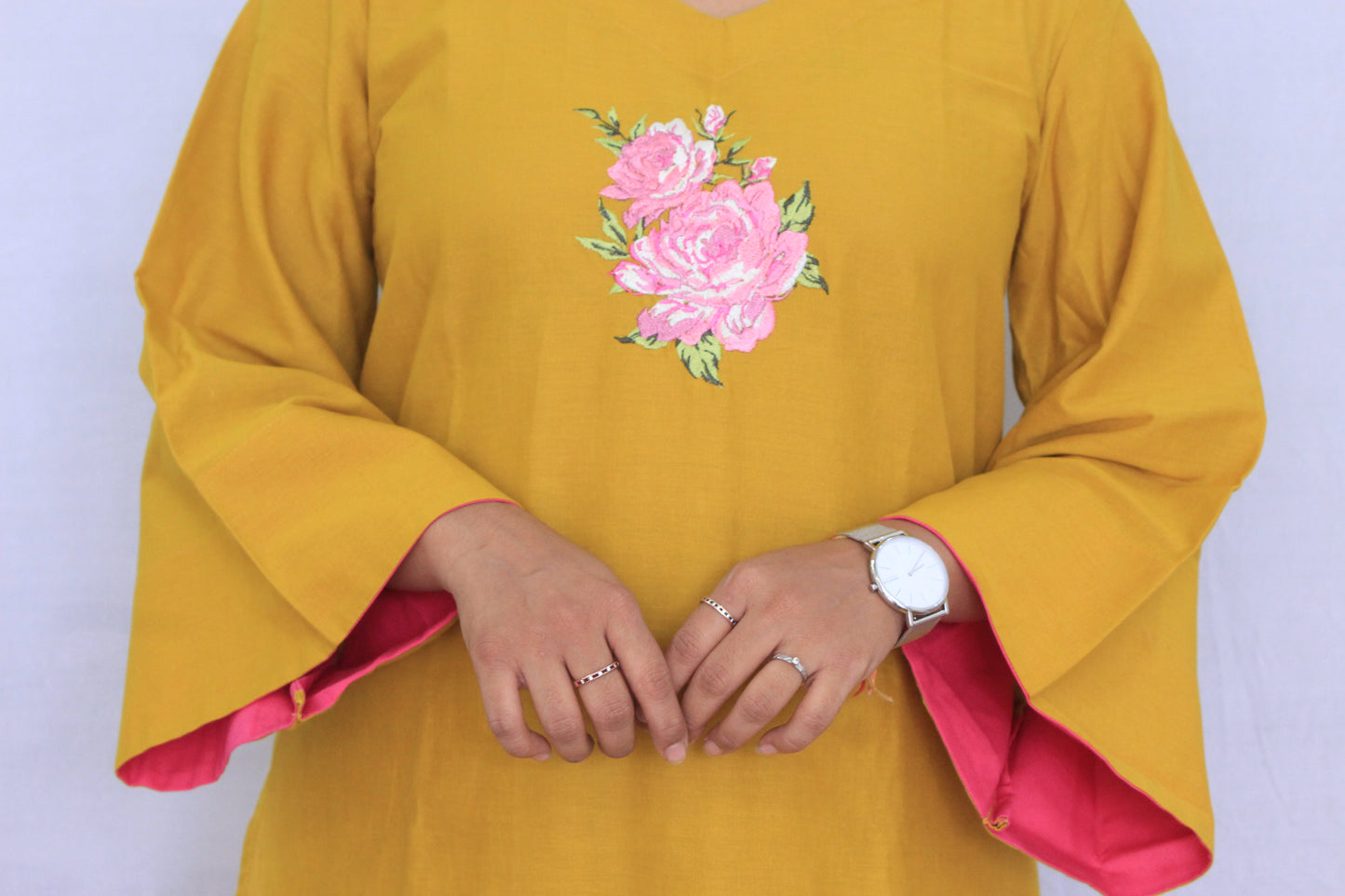 Mustard Yellow Cotton Linen Solid Flower Embroidered Co-ord Set