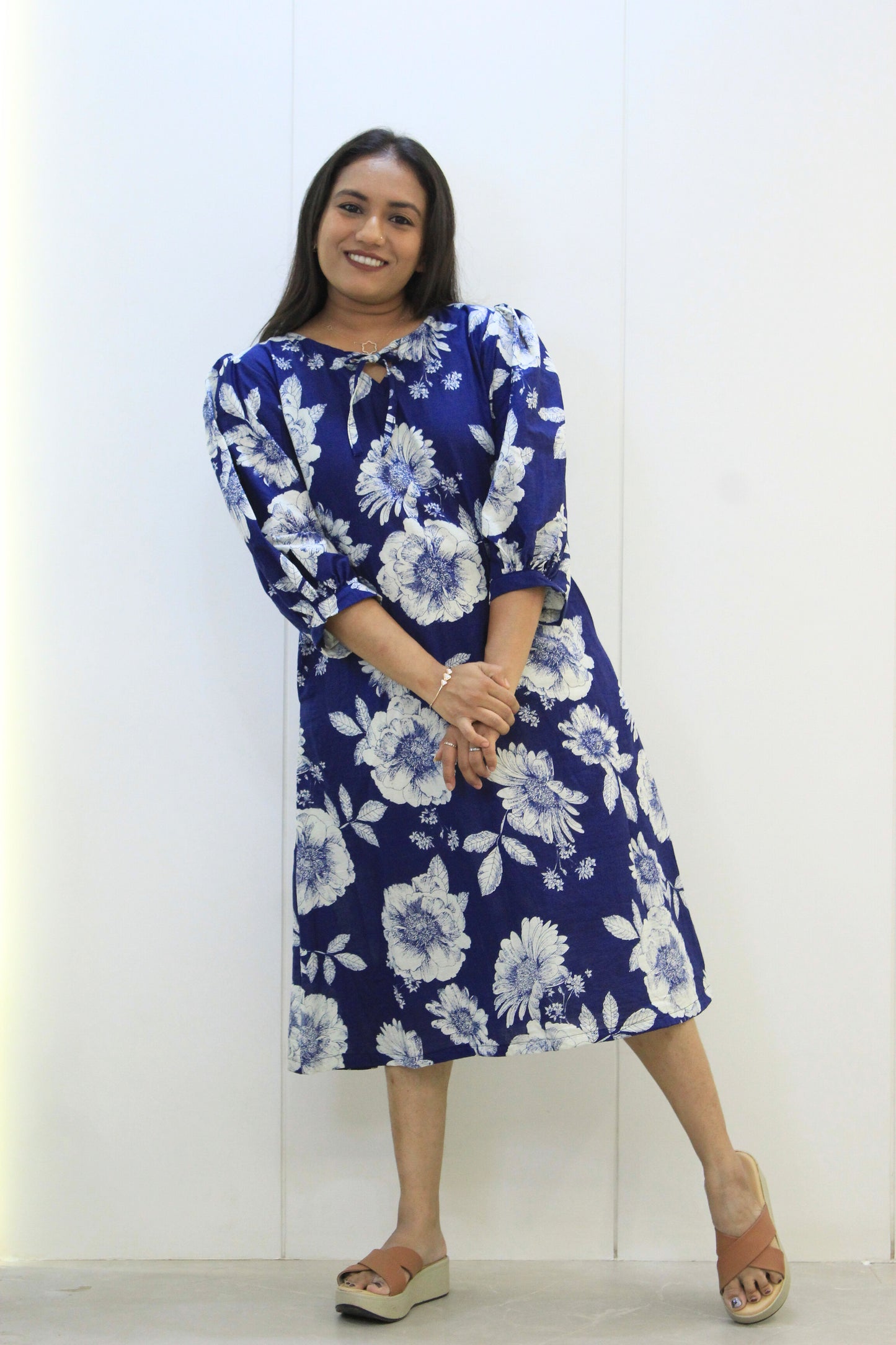 Naina – Blue Floral Cotton Dress with Balloon Sleeves