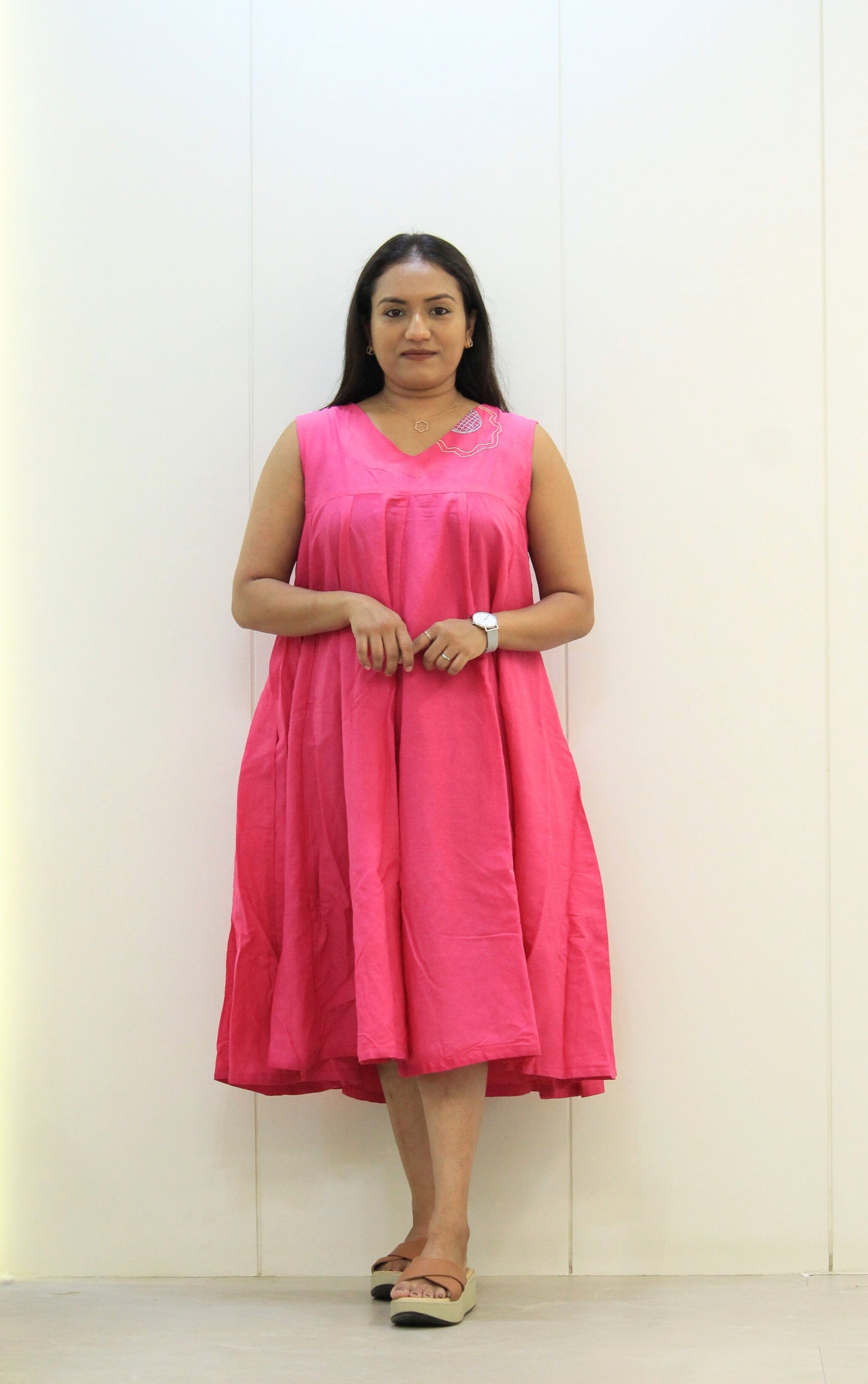 Pankhuri - Pink Embroidered Flared Cotton Dress