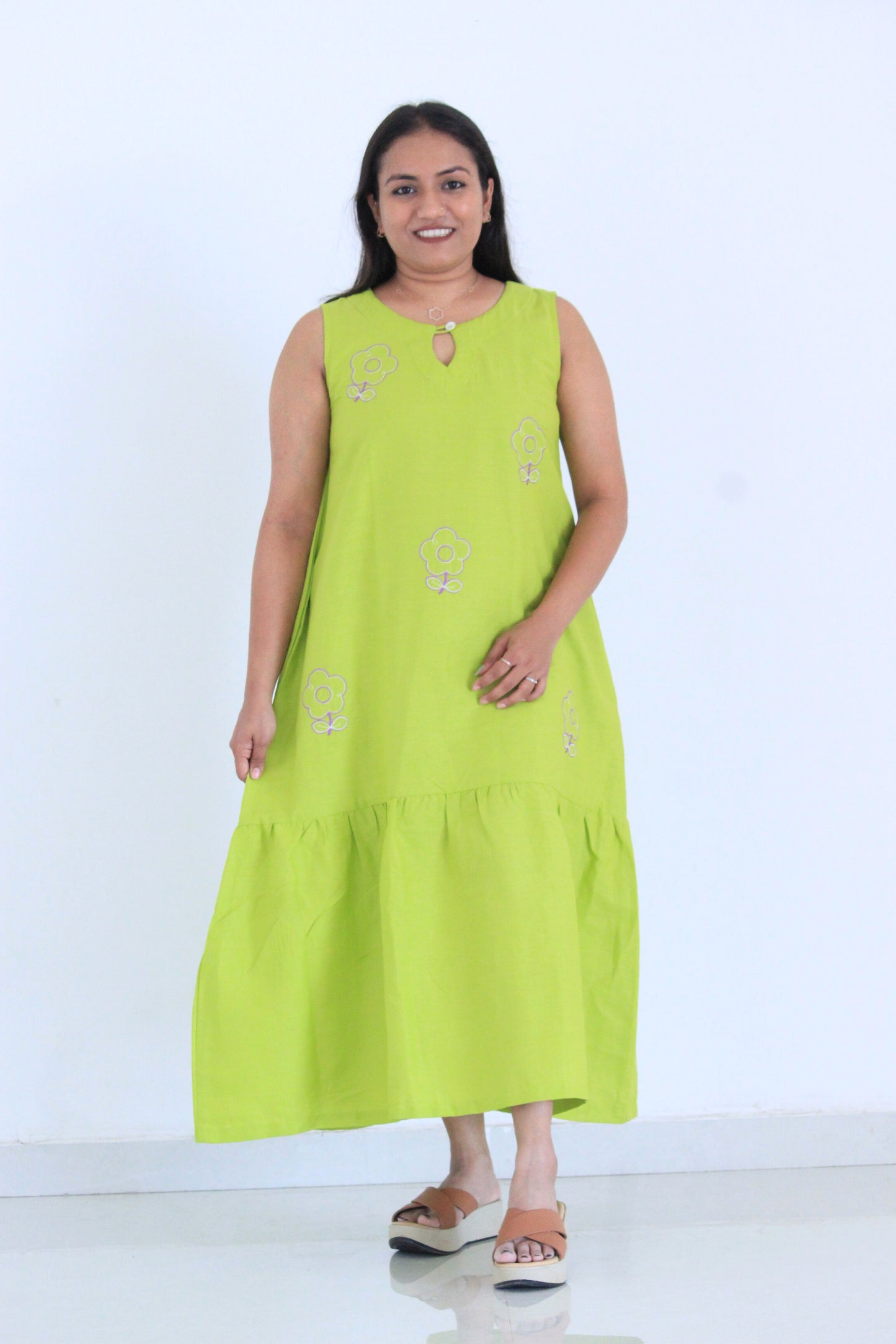 Myra – Lime Green Floral Embroidered Cotton Dress
