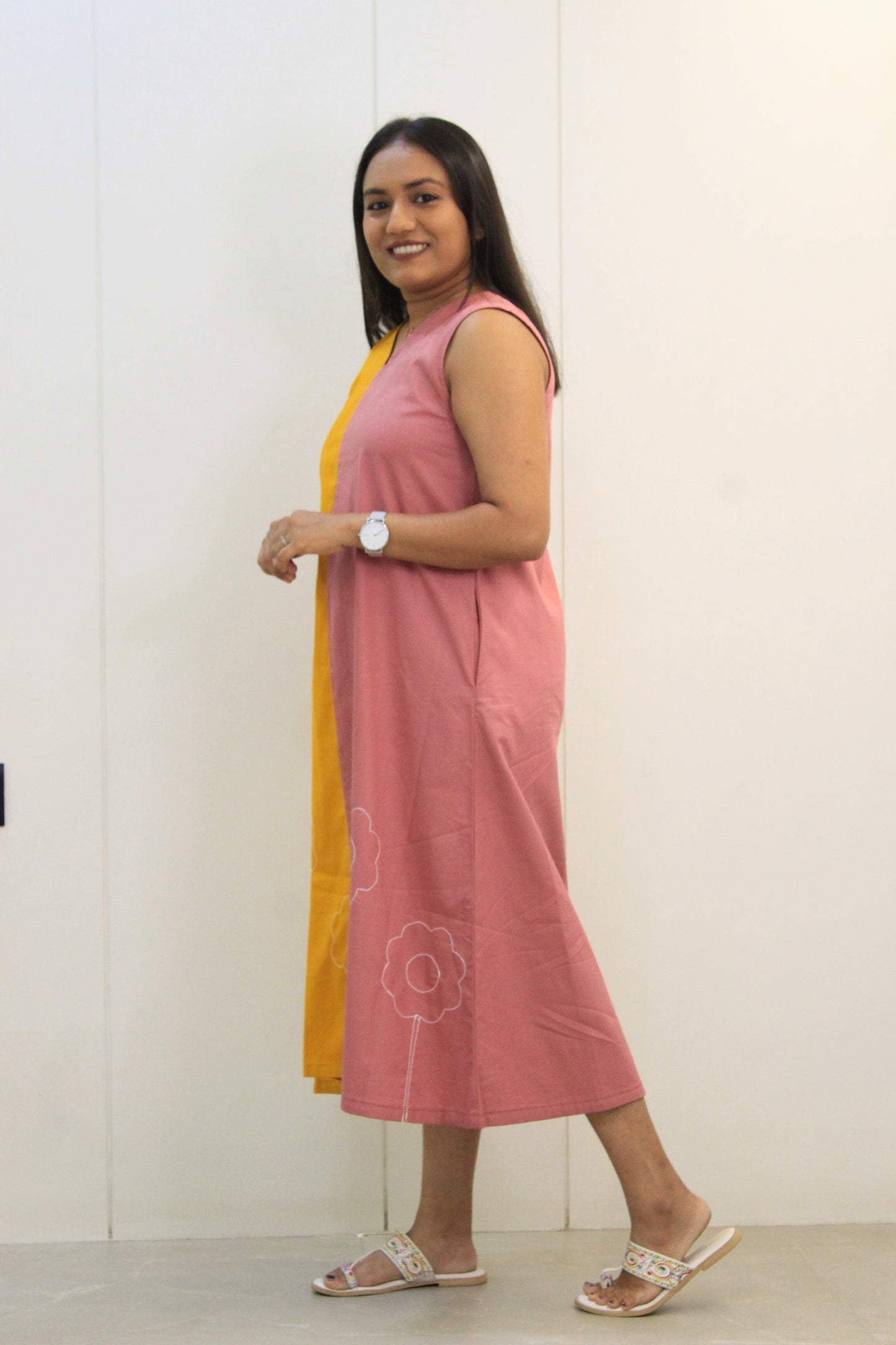 Mohini – Mustard & Pink Flower Embroidered Cotton Dress