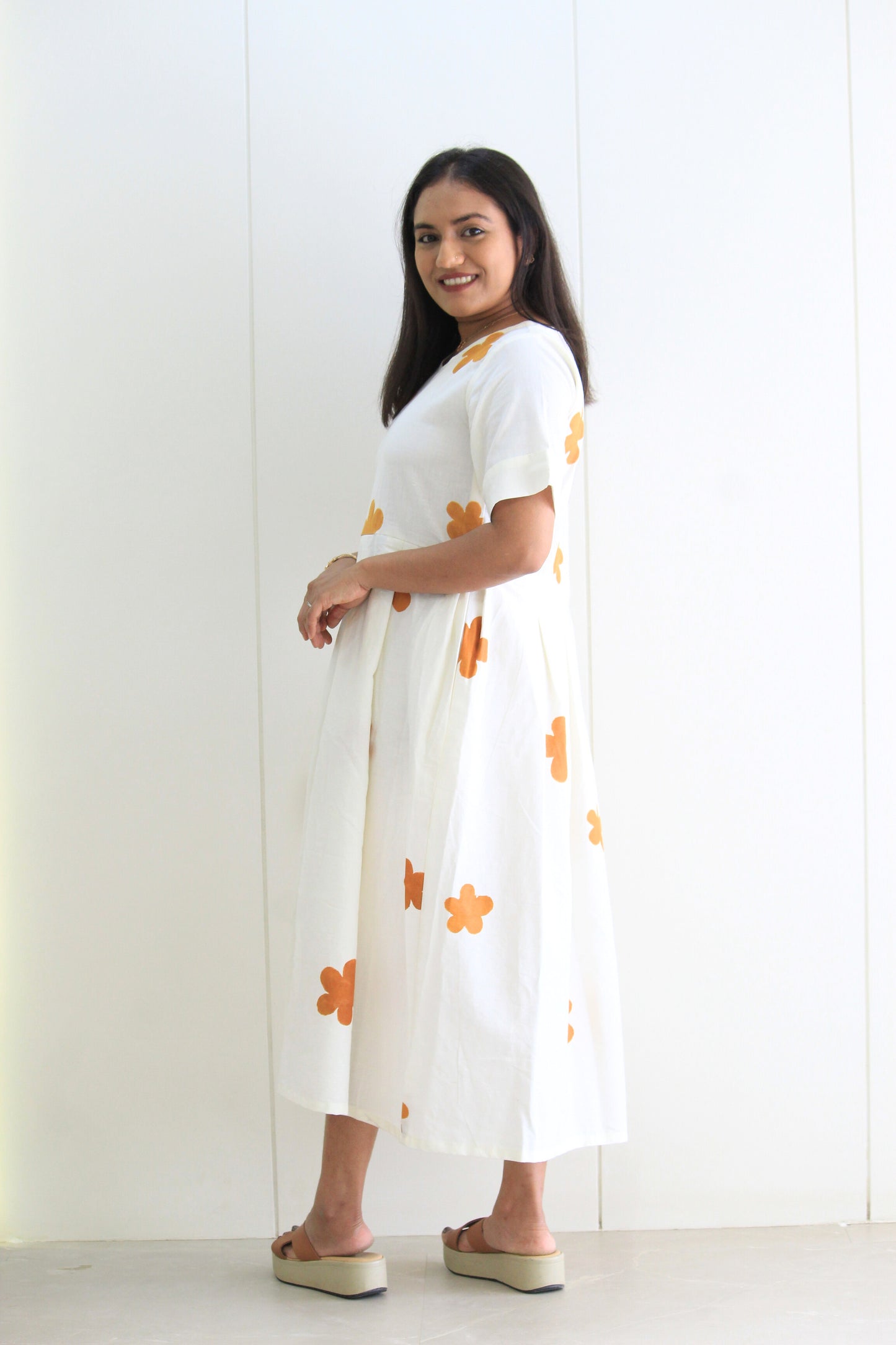 Anaya – White & Marigold Floral Hand Printed Cotton Dress