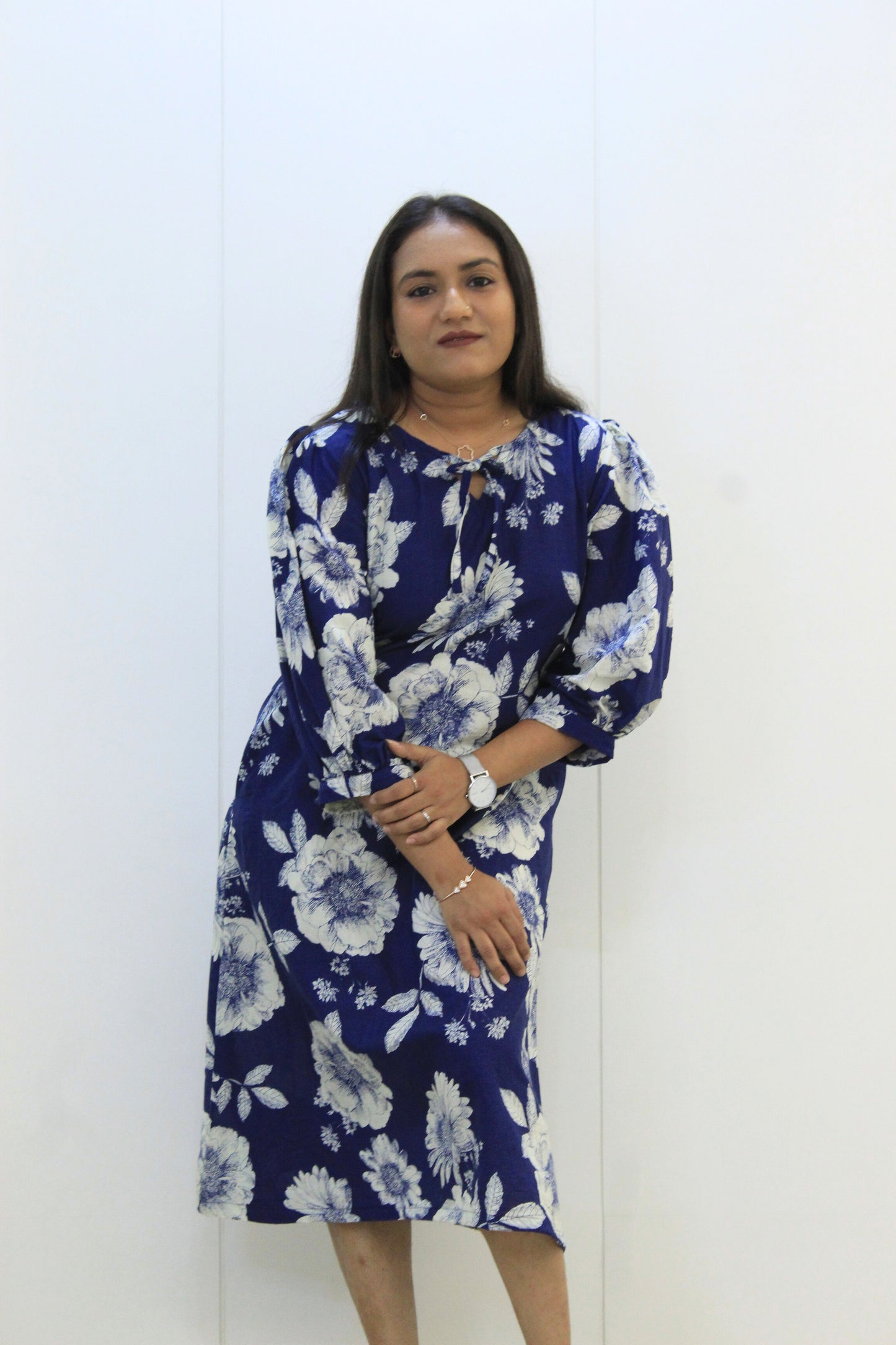 Naina – Blue Floral Cotton Dress with Balloon Sleeves