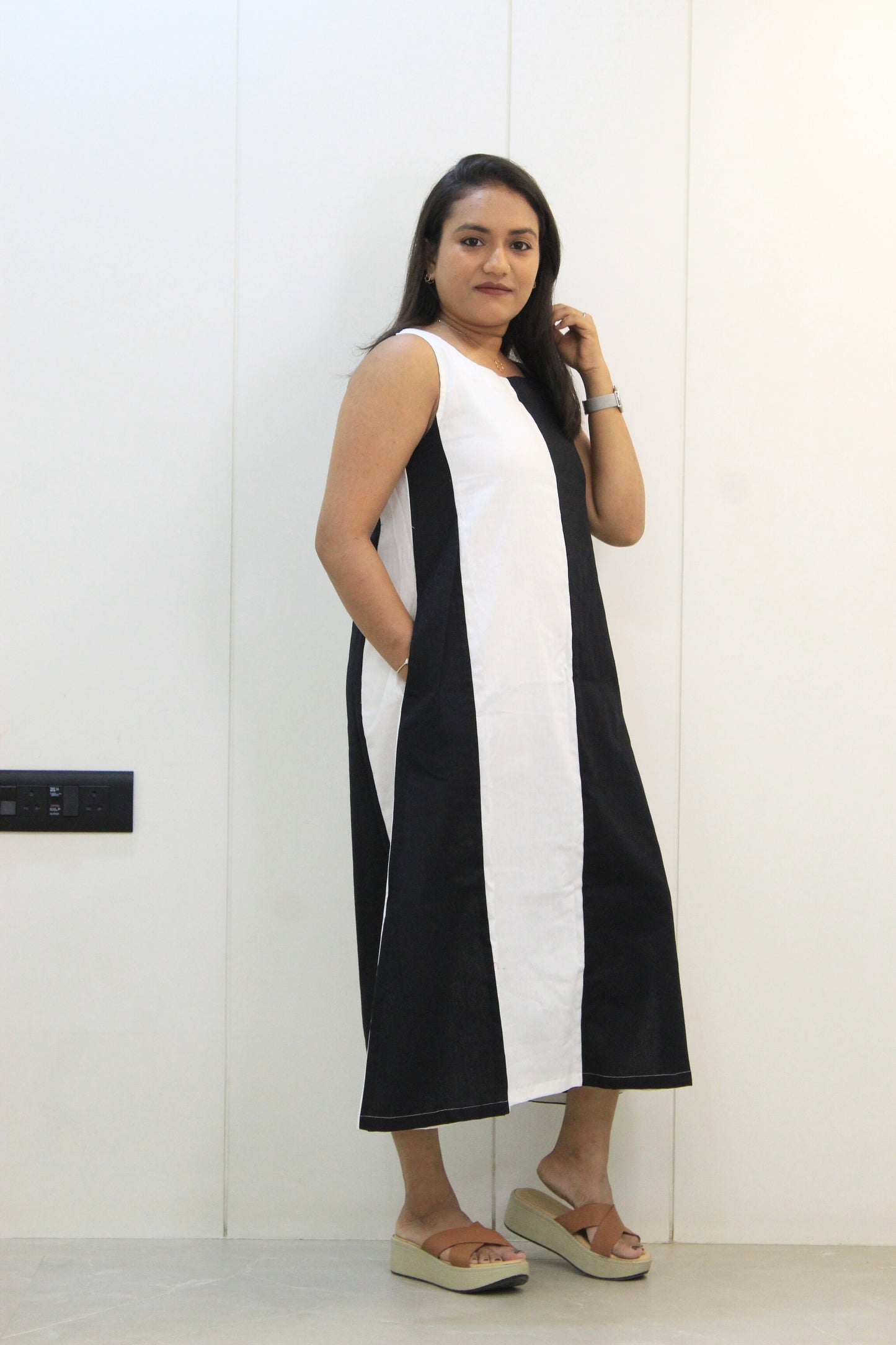 Madhubala – Black & White Colorblock Cotton Dress