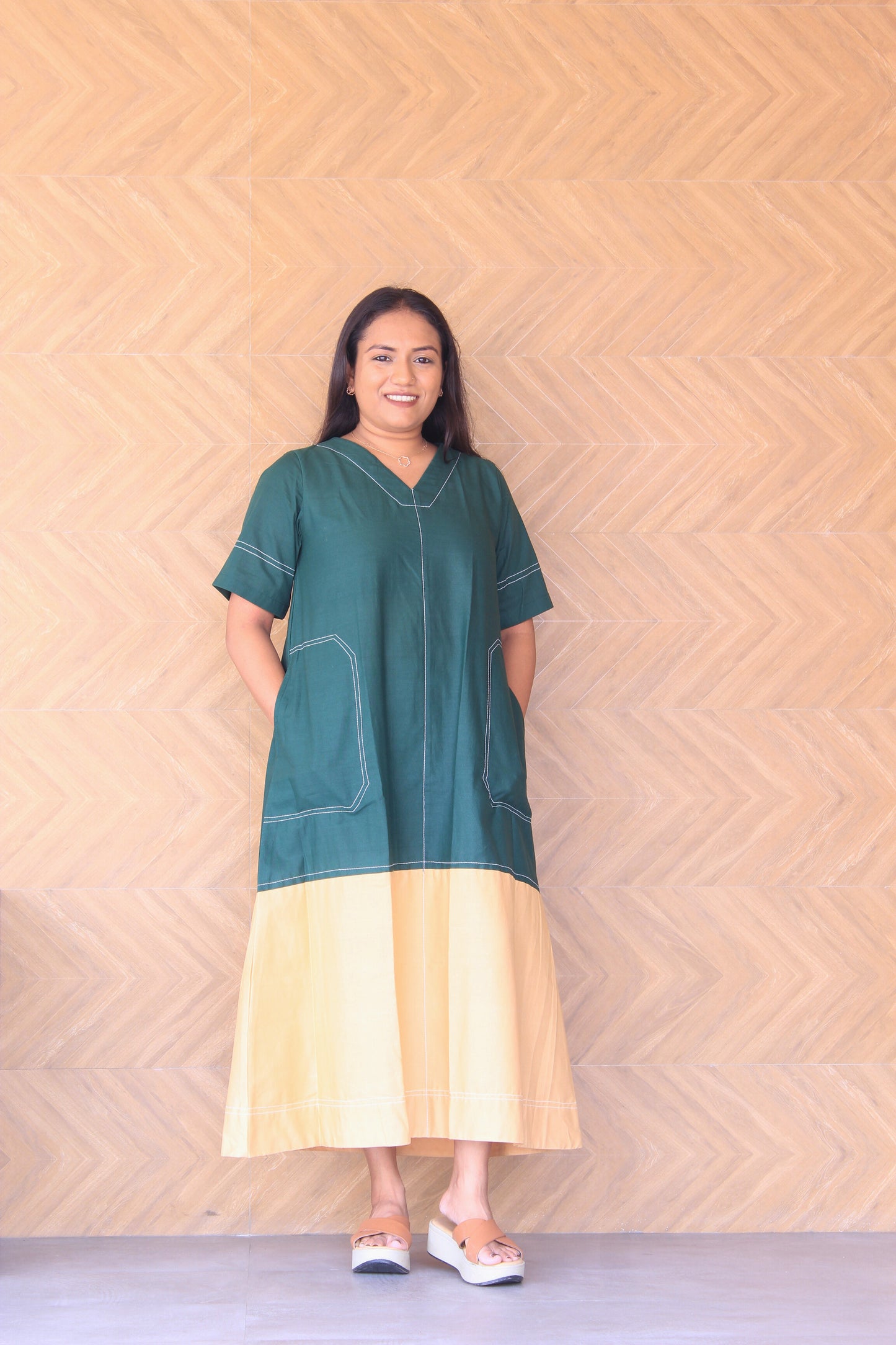 Prakruti – Green & Beige Colour Block Cotton Dress
