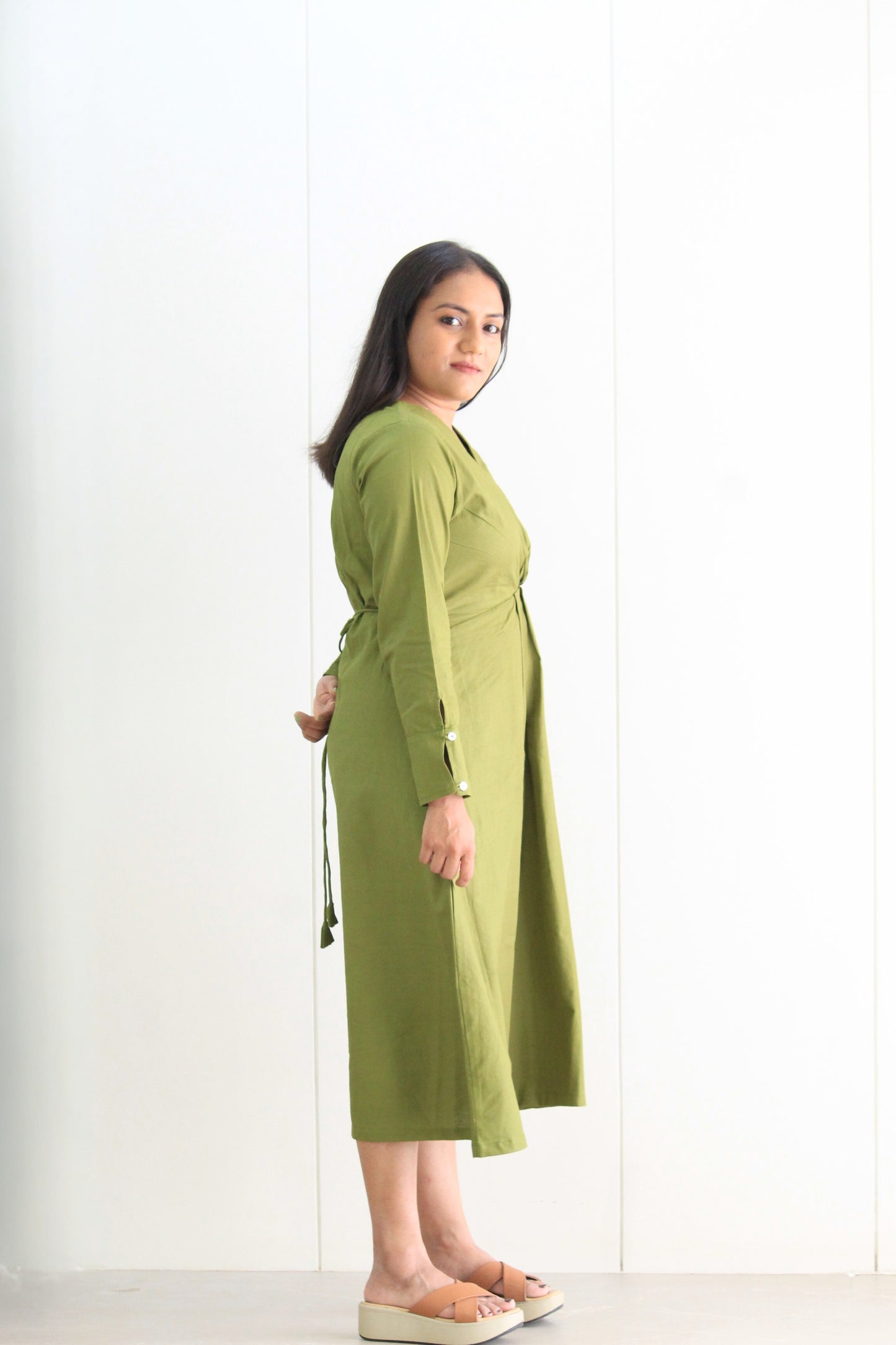 Vedika – Mehndi Green Solid Cotton Dress