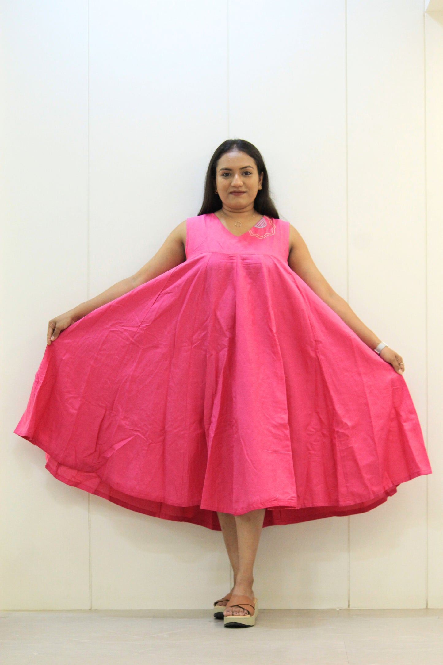 Pankhuri - Pink Embroidered Flared Cotton Dress